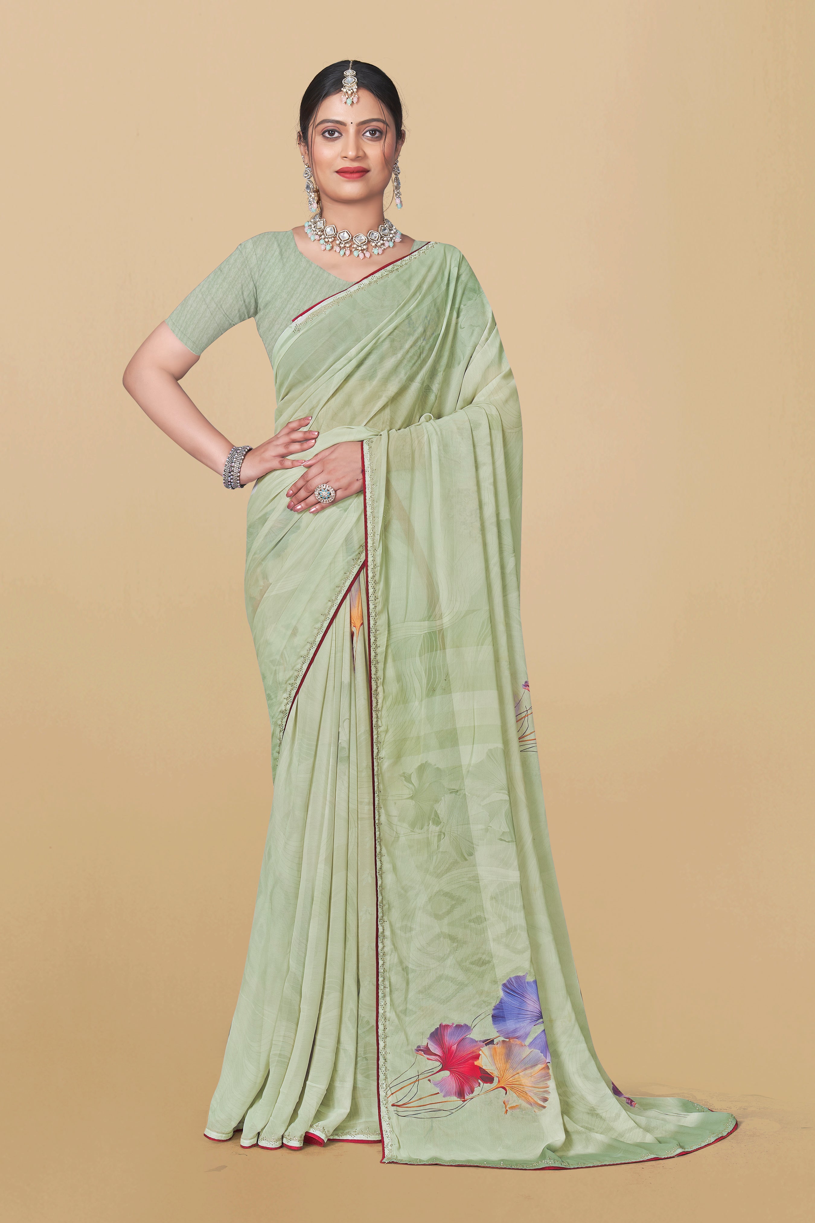 Pista Green Heavy Weightless Diamond  Border Fancy Saree