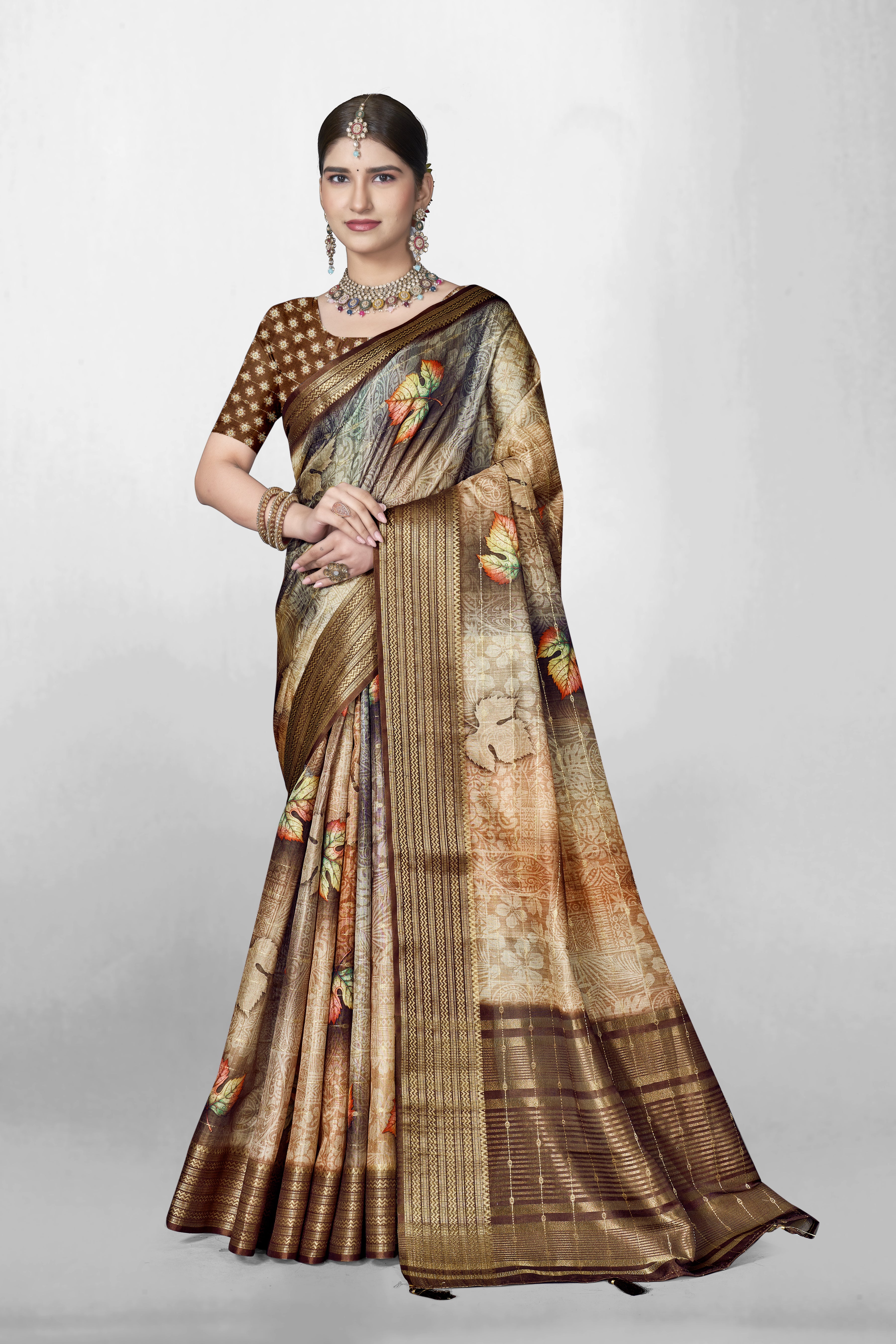Beige Silk Viscose Lining Rich Pallu Print Saree