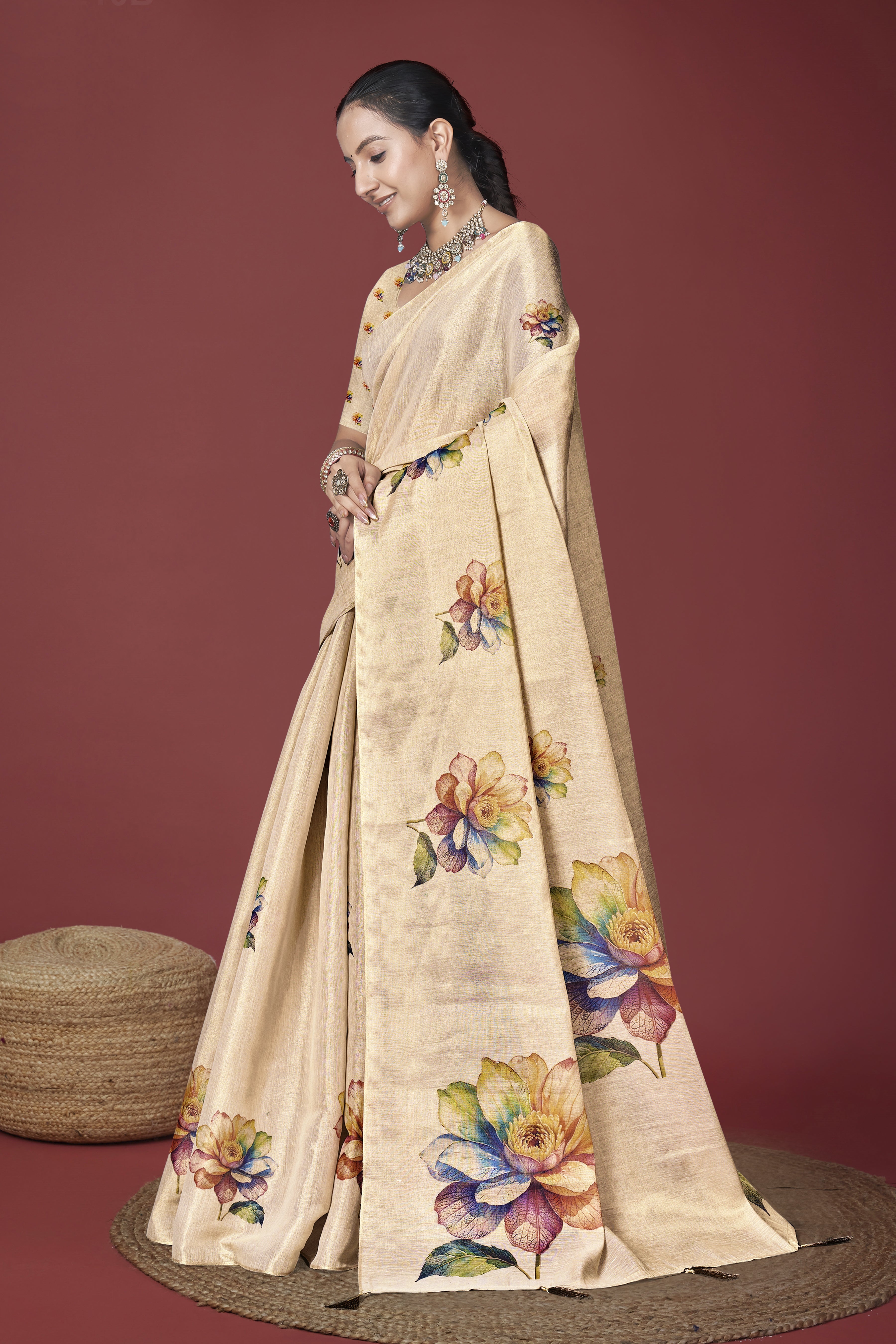 Beige Digital Floral style Digital Saree