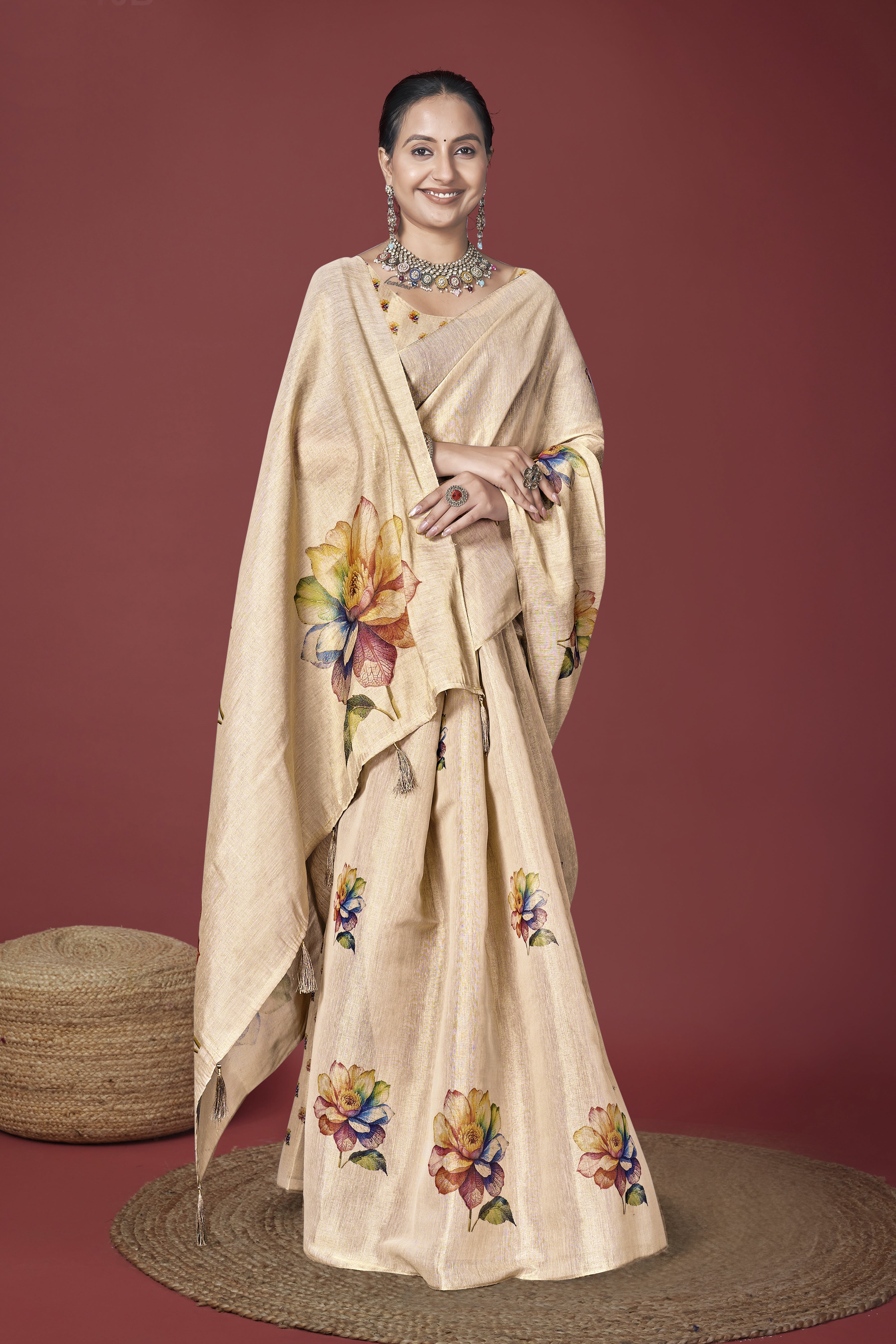 Beige Digital Floral style Digital Saree