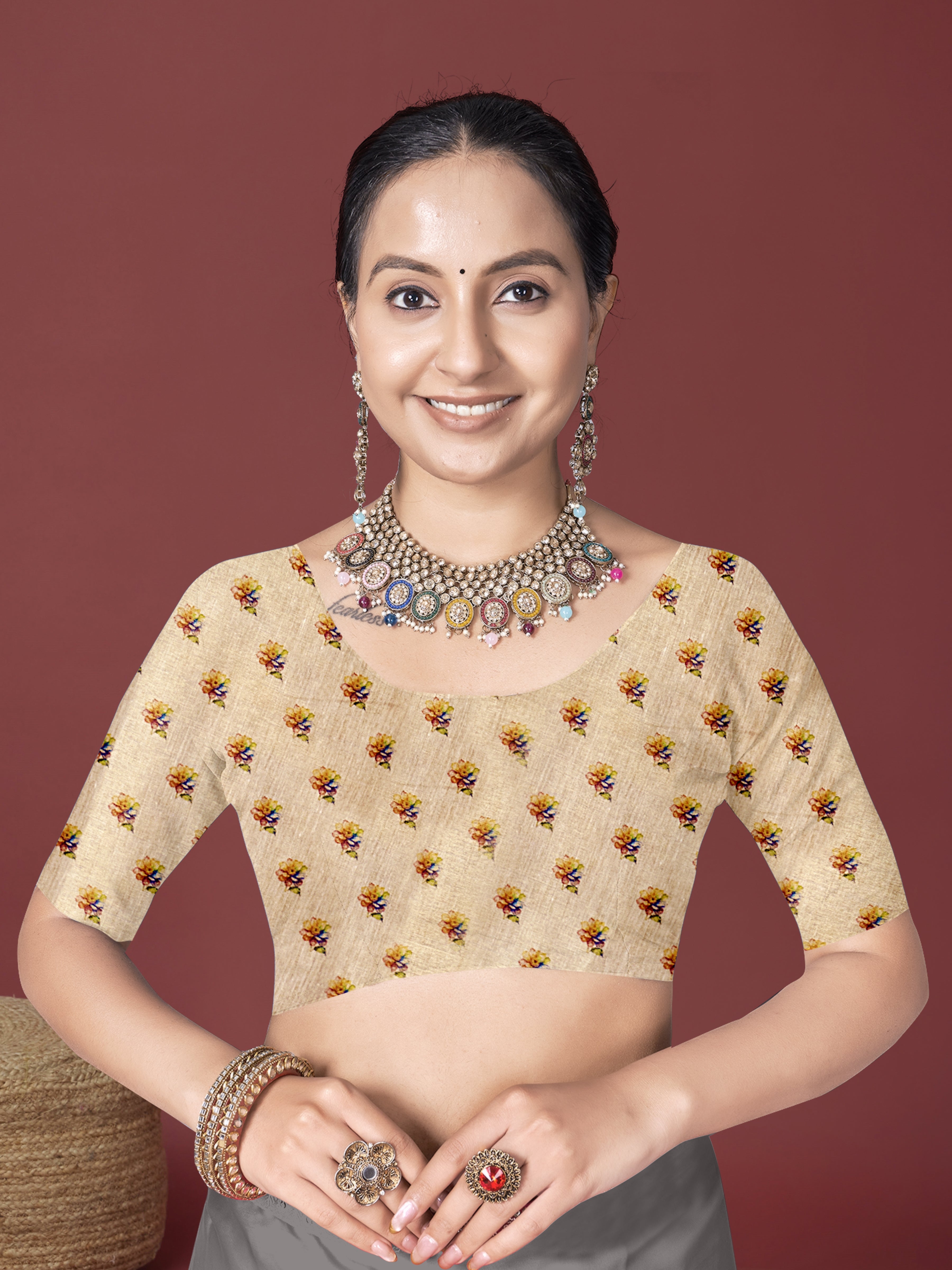 Beige Digital Floral style Digital Saree