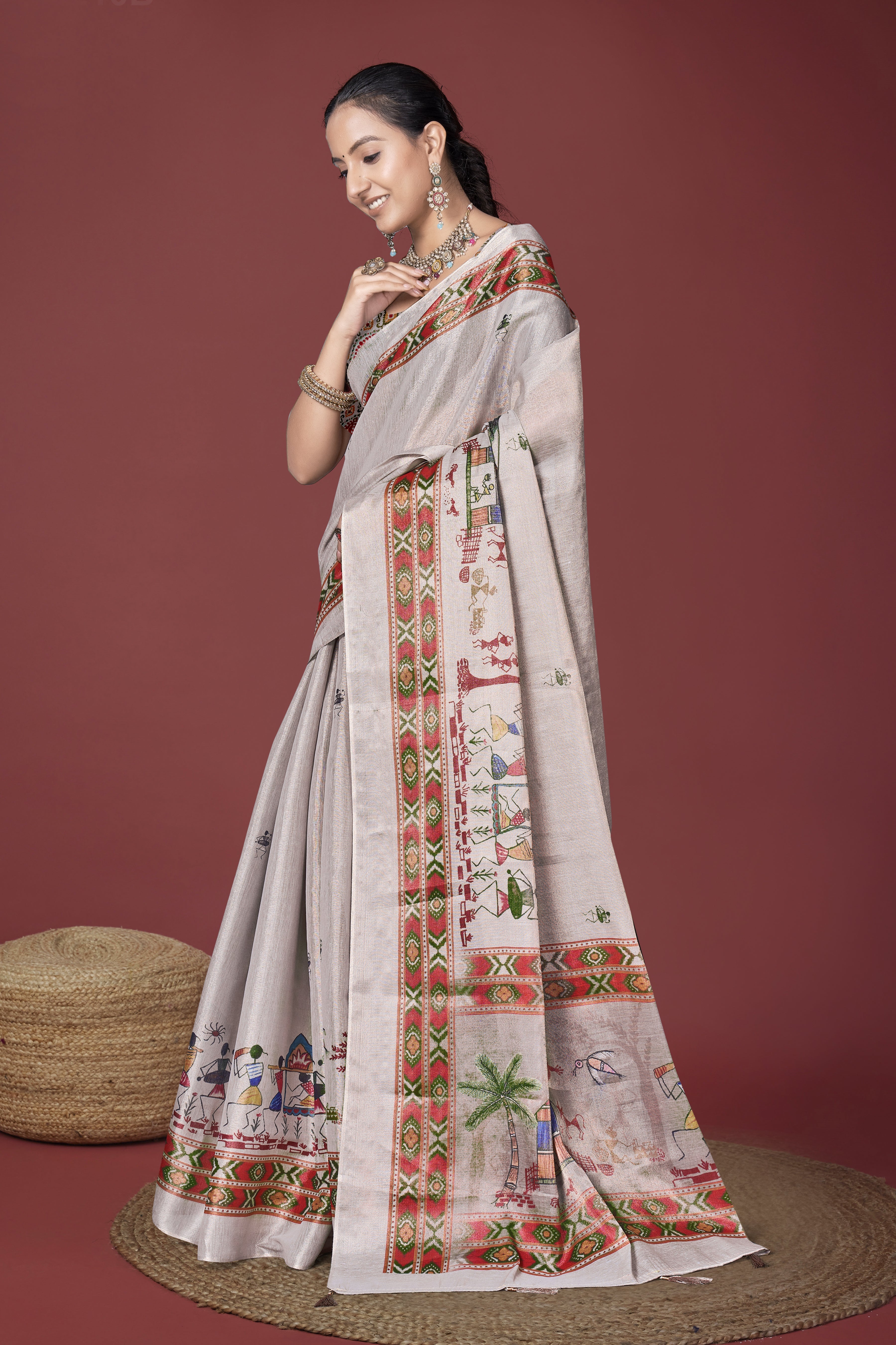 Off White Warli Painting Digital Saree