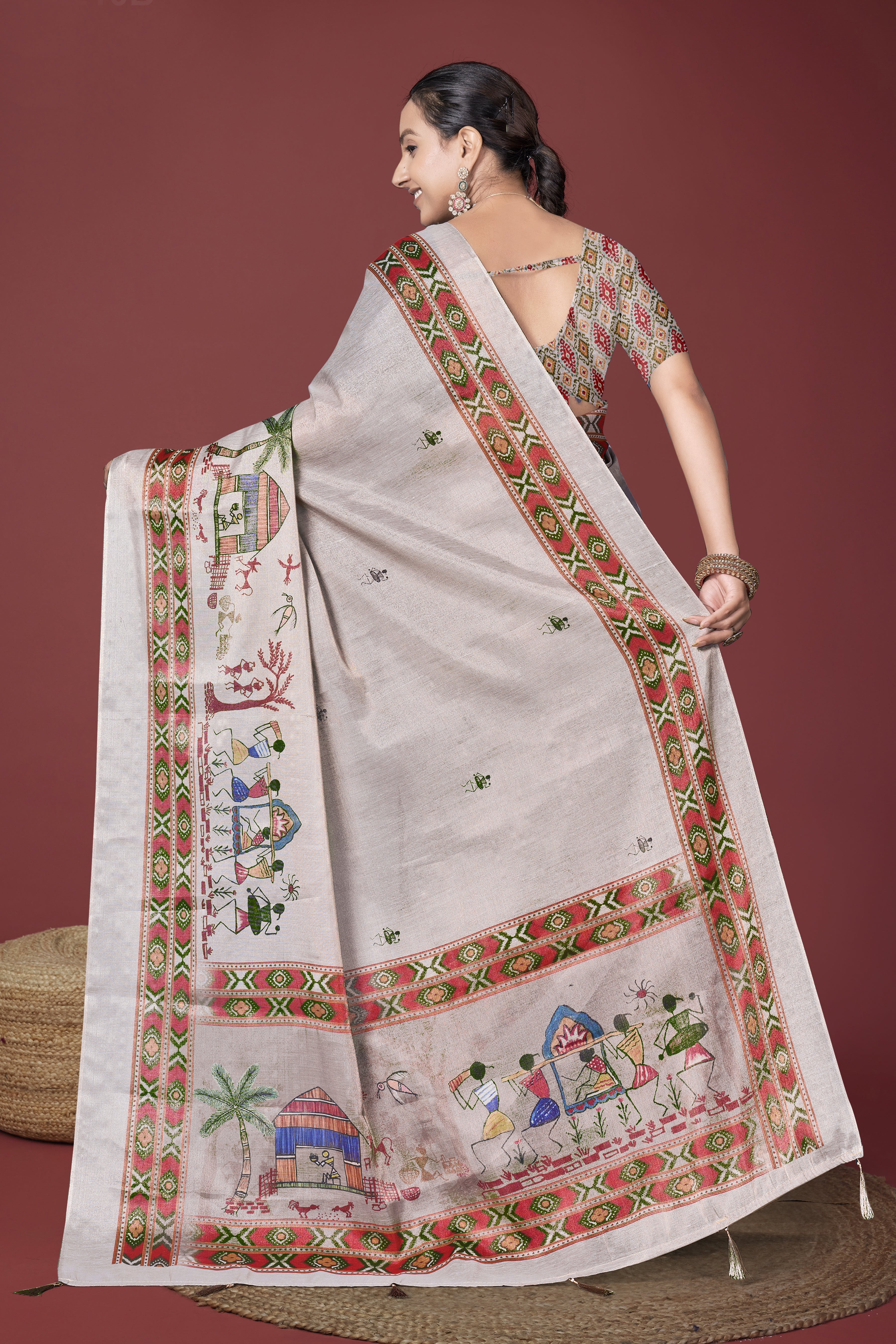 Off White Warli Painting Digital Saree