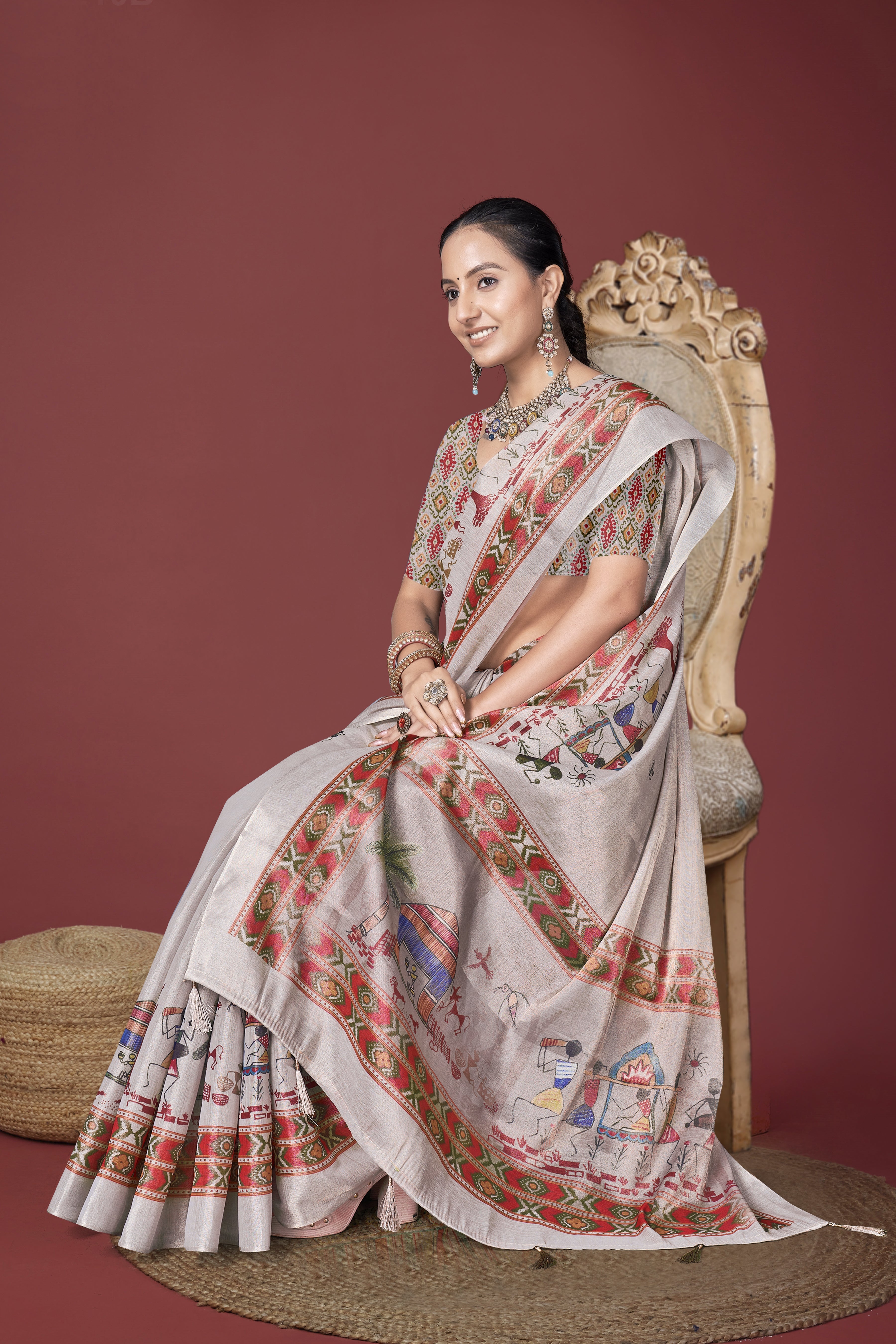 Off White Warli Painting Digital Saree