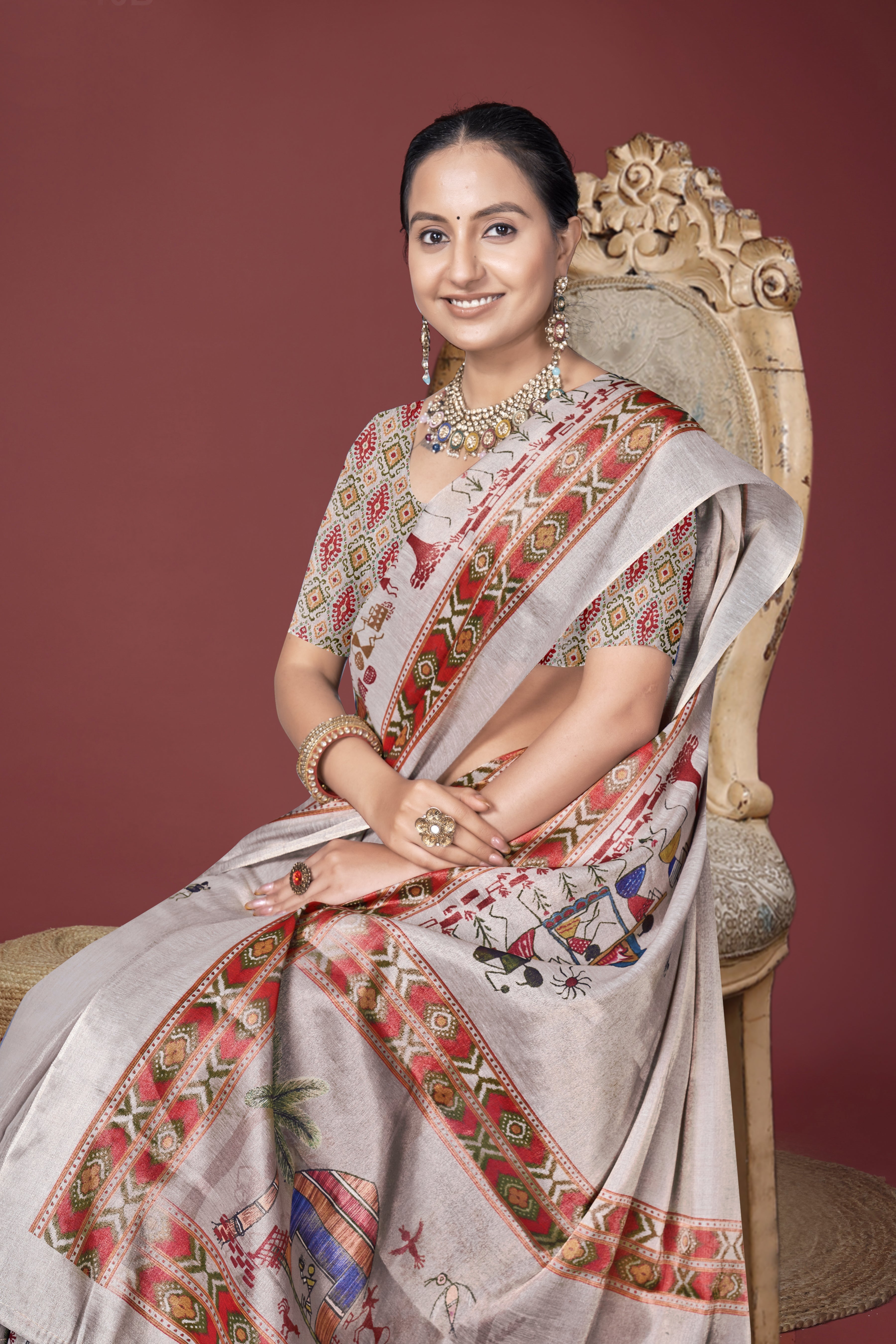 Off White Warli Painting Digital Saree