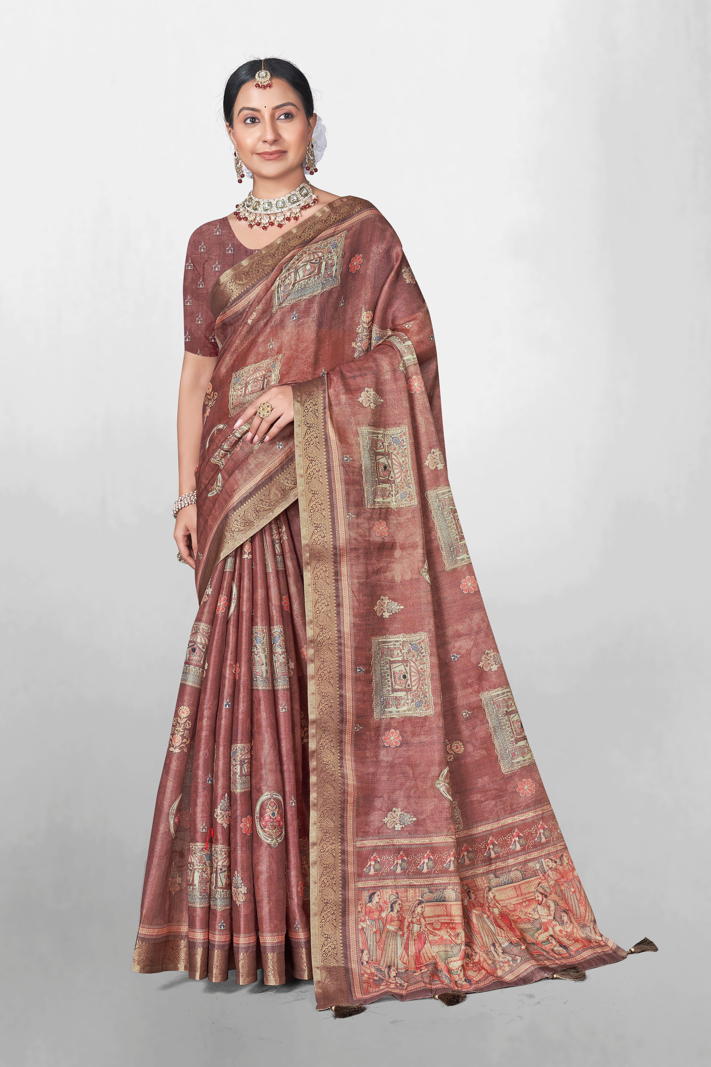 Brown Kanjivaram Pure Silk Embroidery Work Fancy Saree