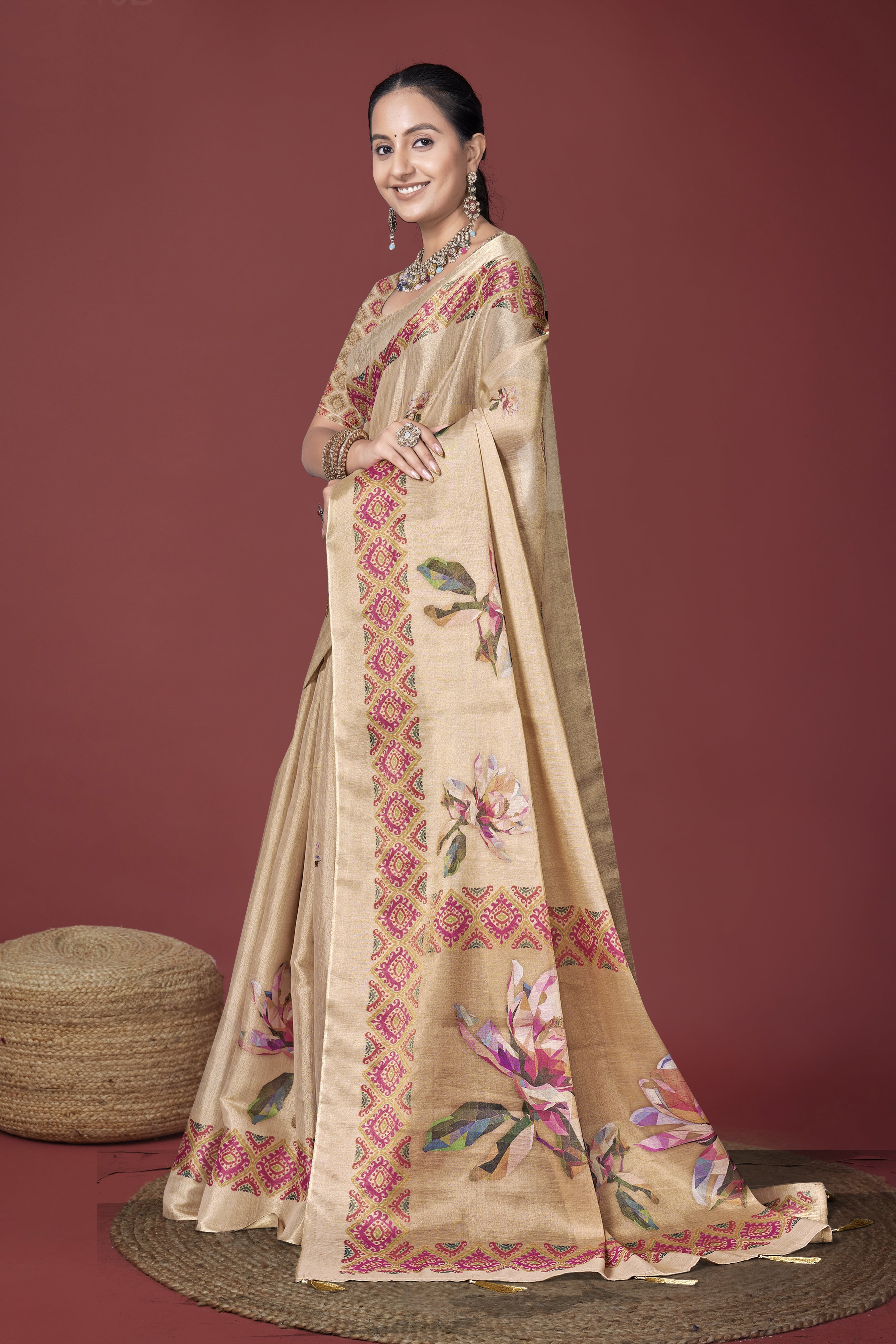 Beige Digital Floral style Digital Saree