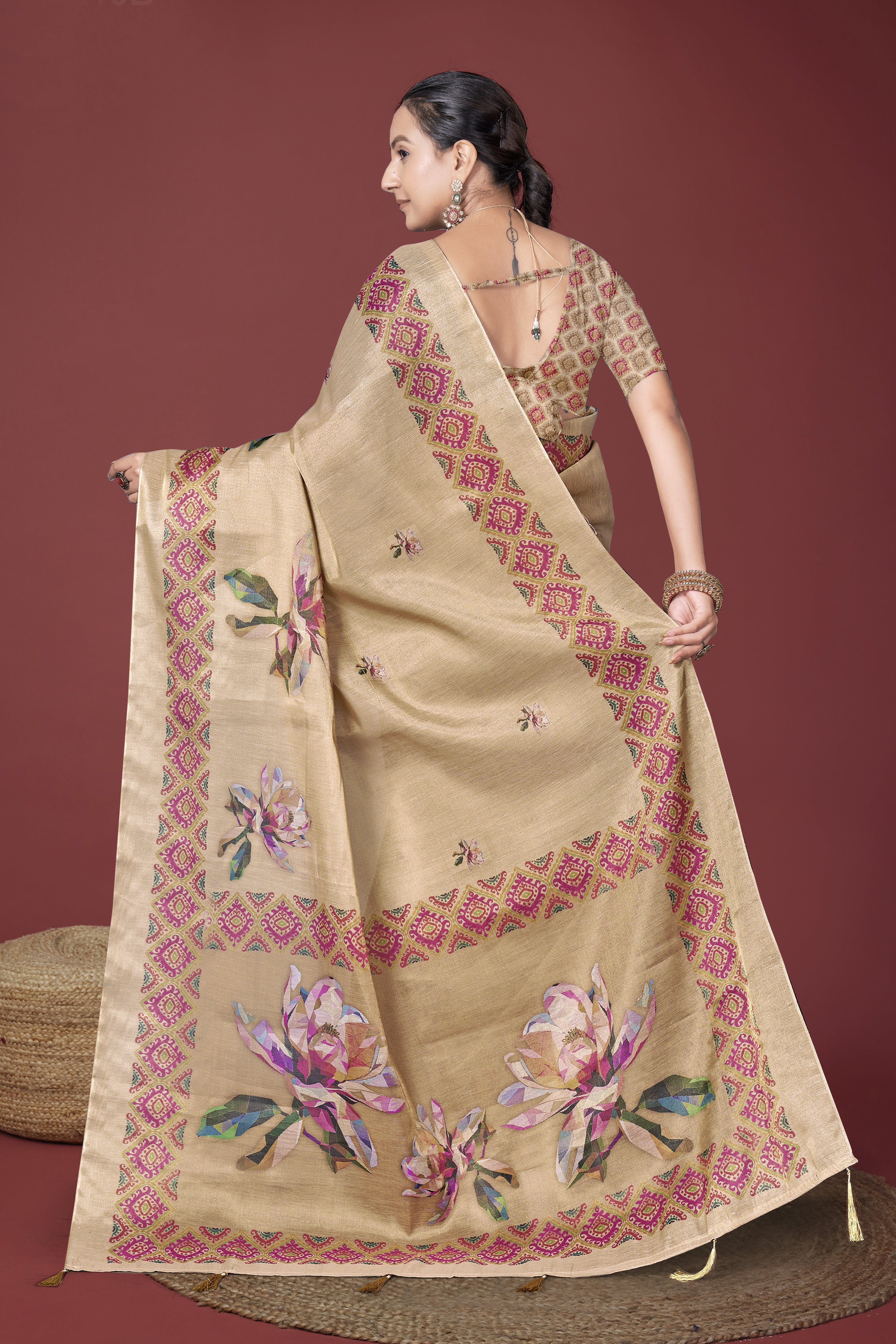 Beige Digital Floral style Digital Saree