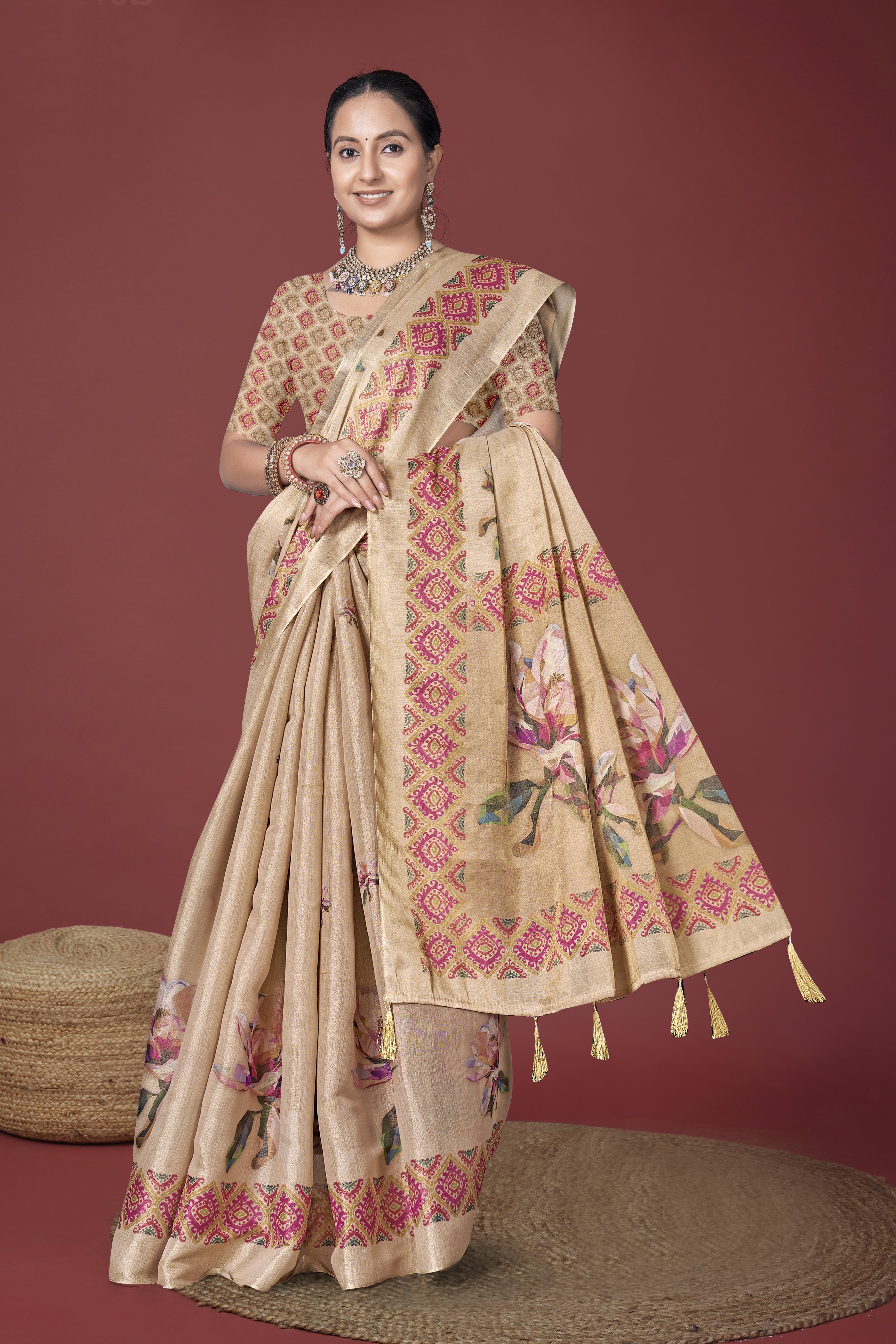 Beige Digital Floral style Digital Saree