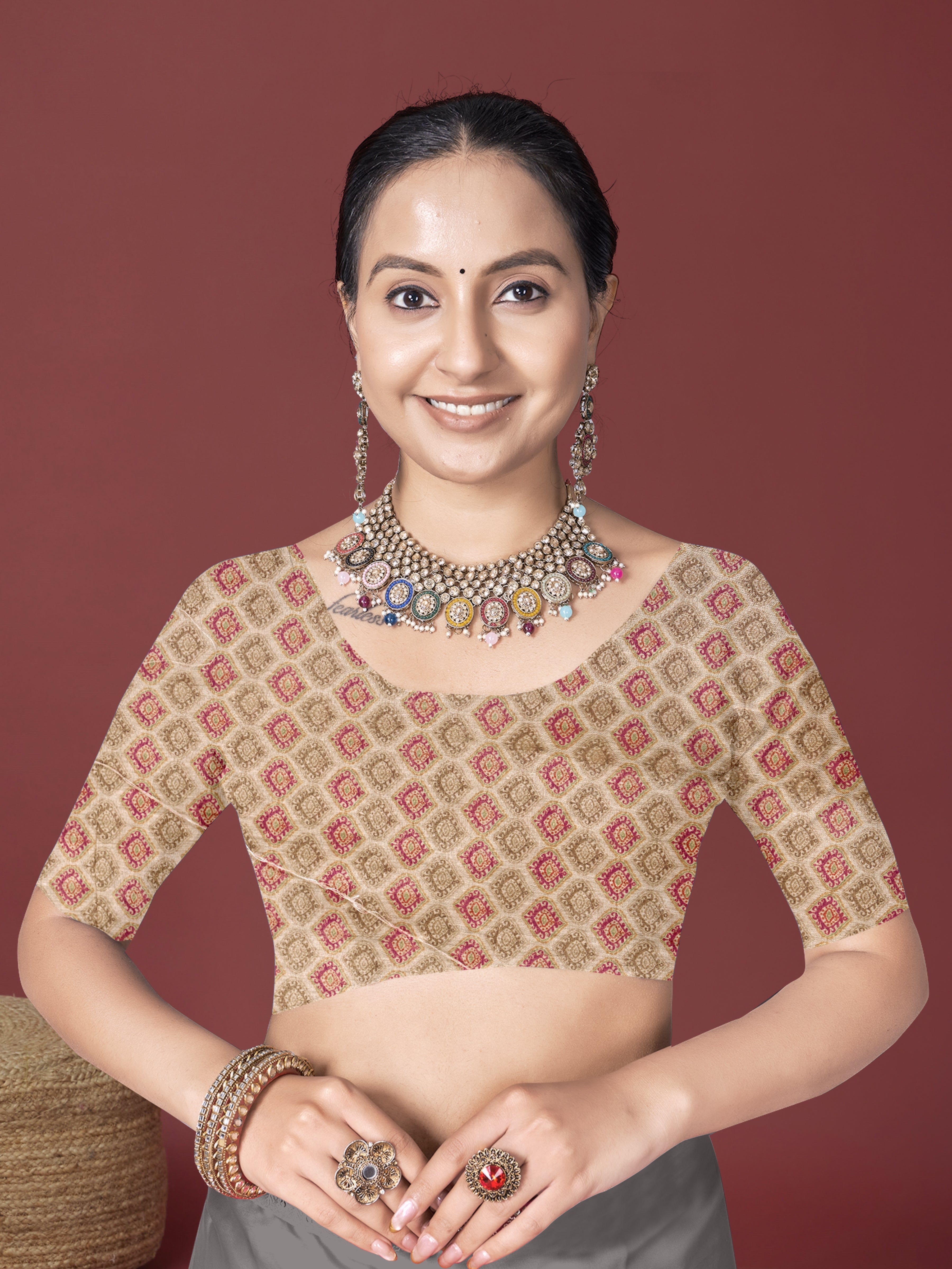 Beige Digital Floral style Digital Saree