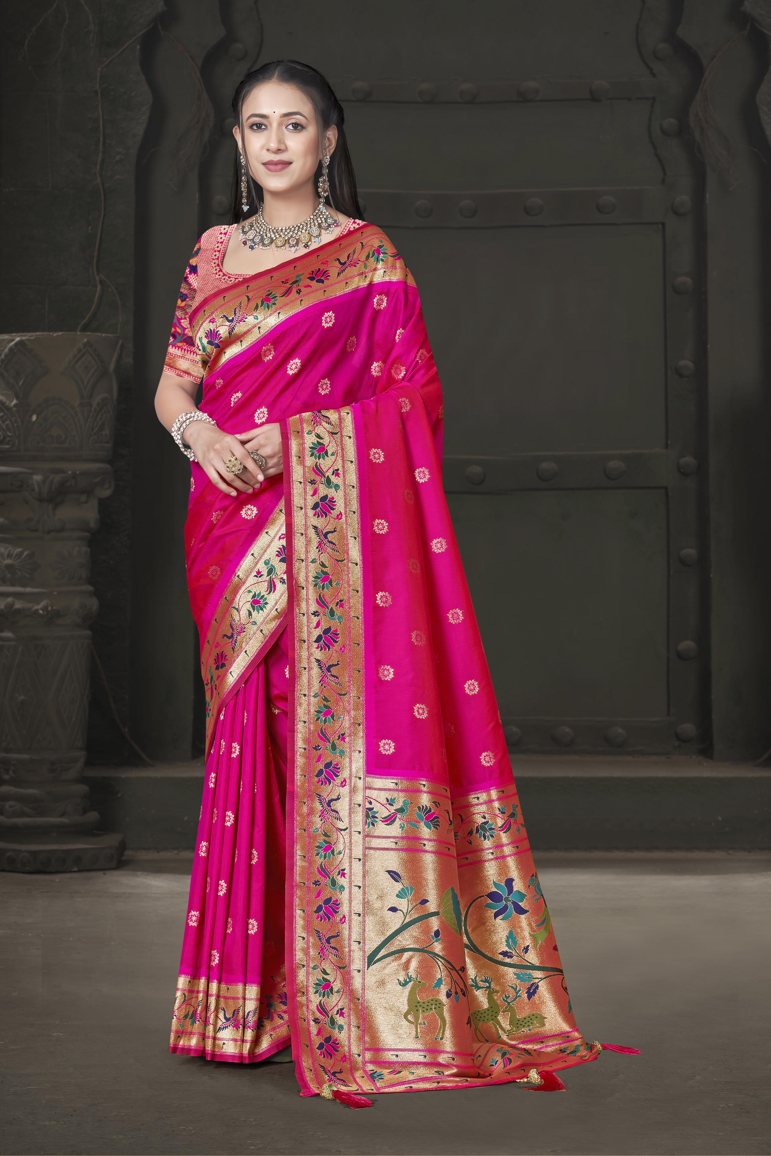 Pink Jari Woven Paithani Silk Fancy Saree