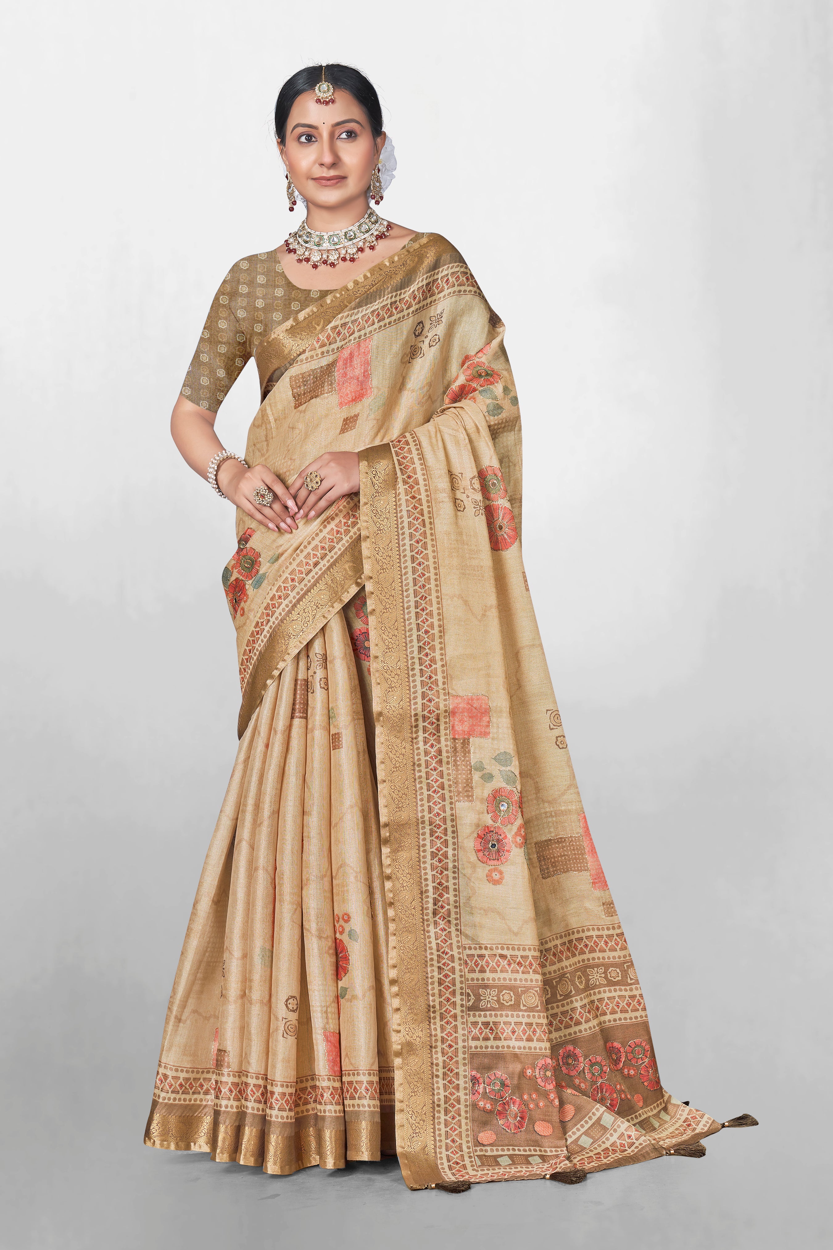 Beige Kanjivaram Pure Silk Embroidery Work Fancy Saree