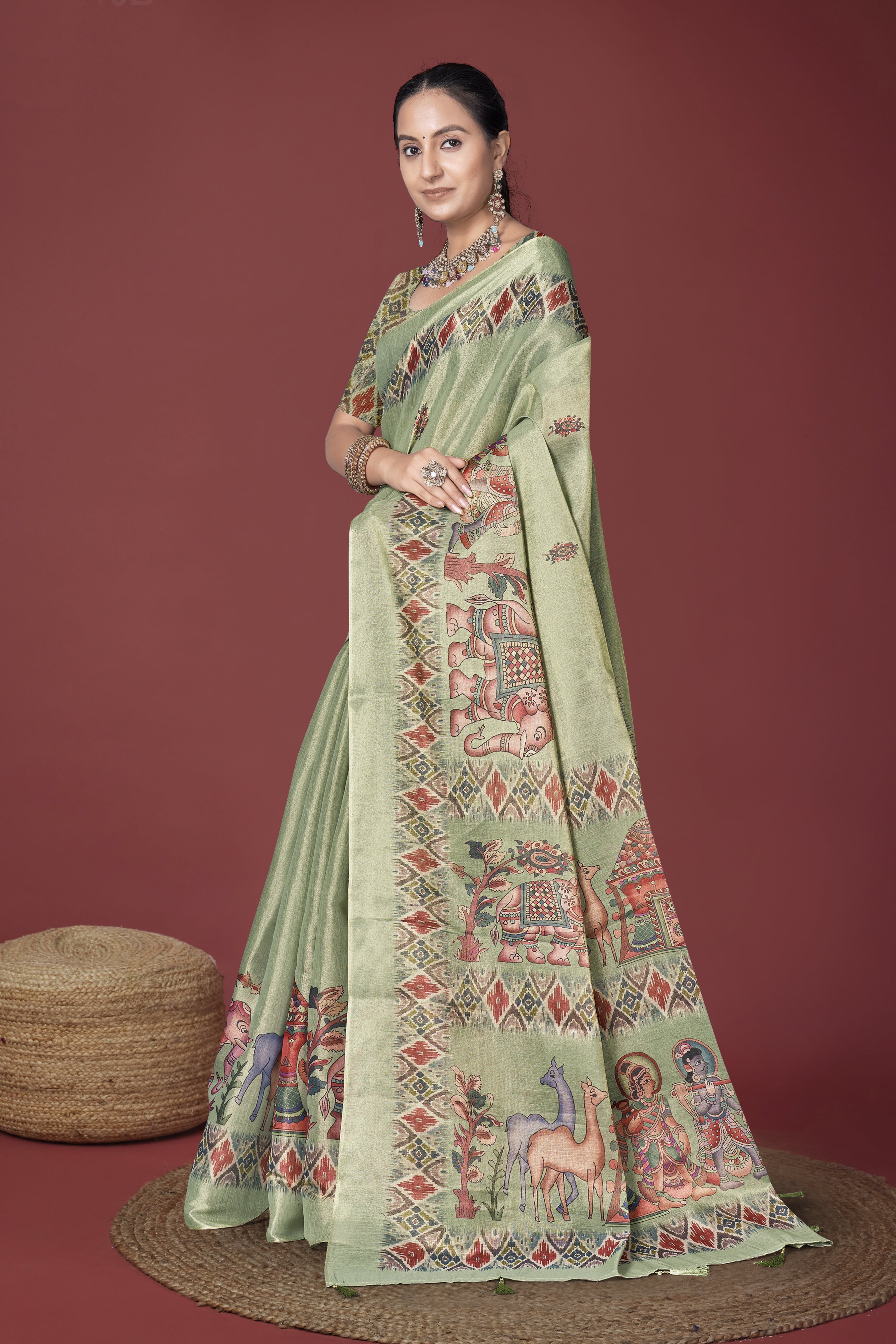 Green Kalamkari Srikalahasti style Ikat Digital Saree