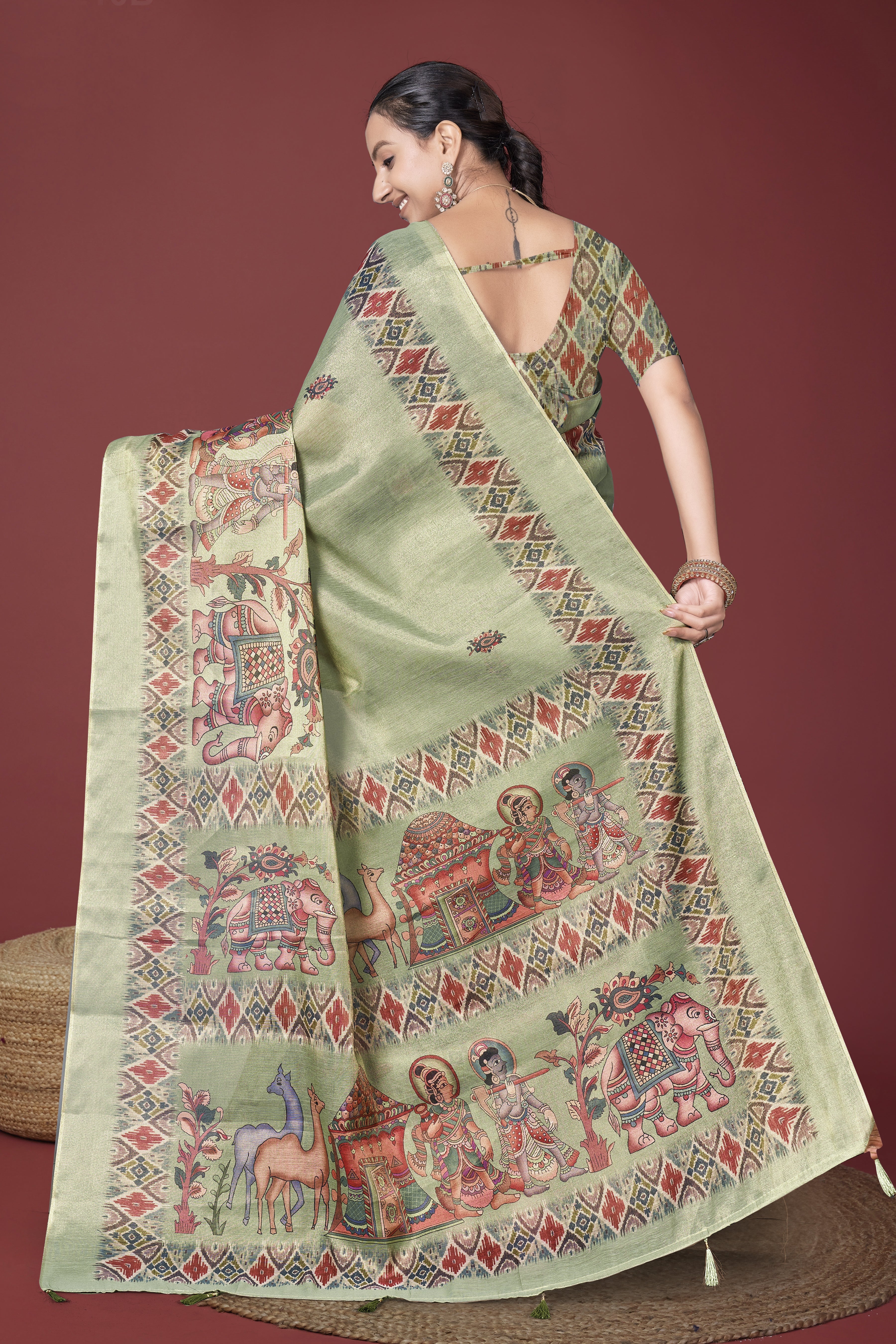 Green Kalamkari Srikalahasti style Ikat Digital Saree