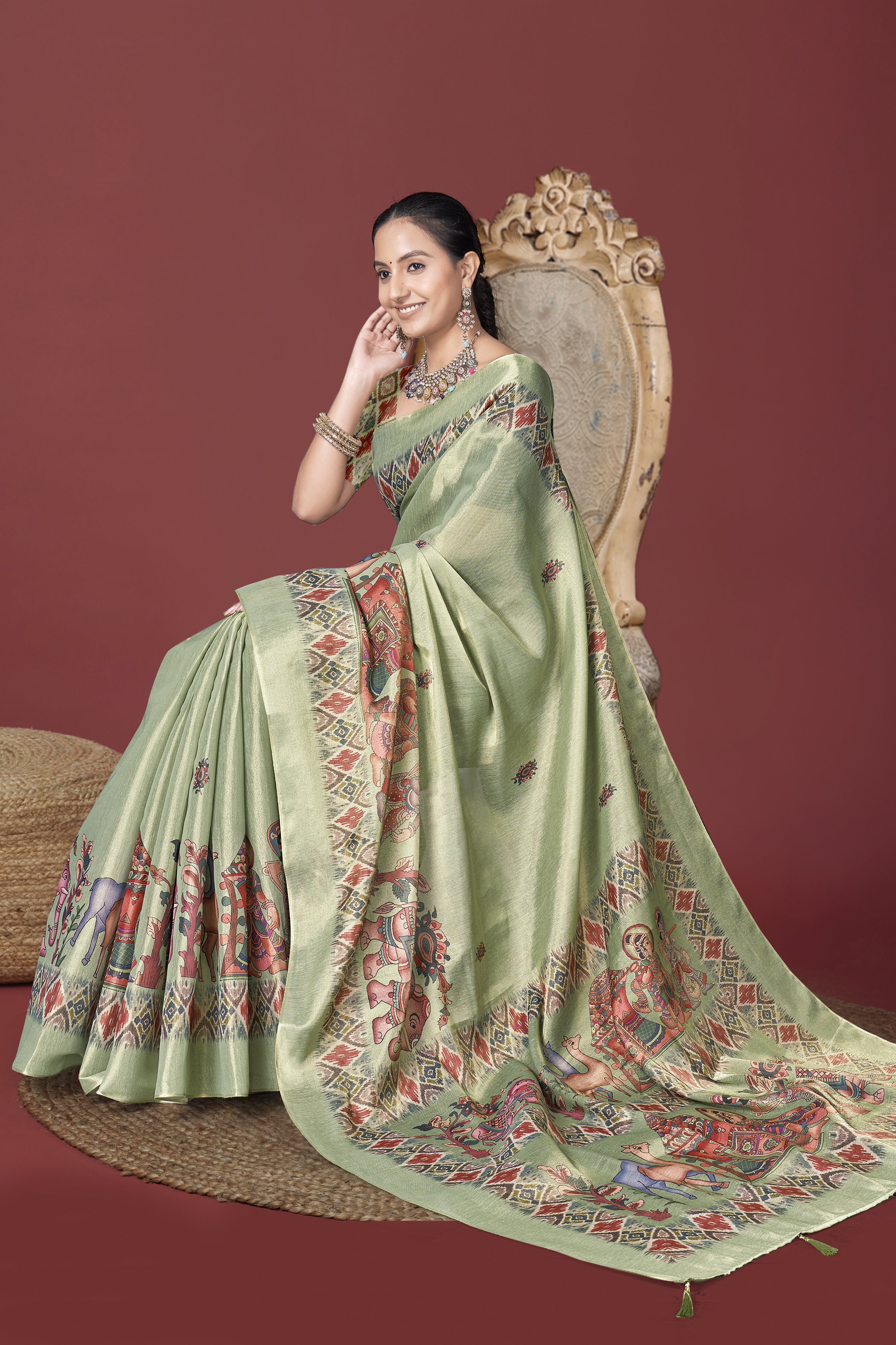 Green Kalamkari Srikalahasti style Ikat Digital Saree