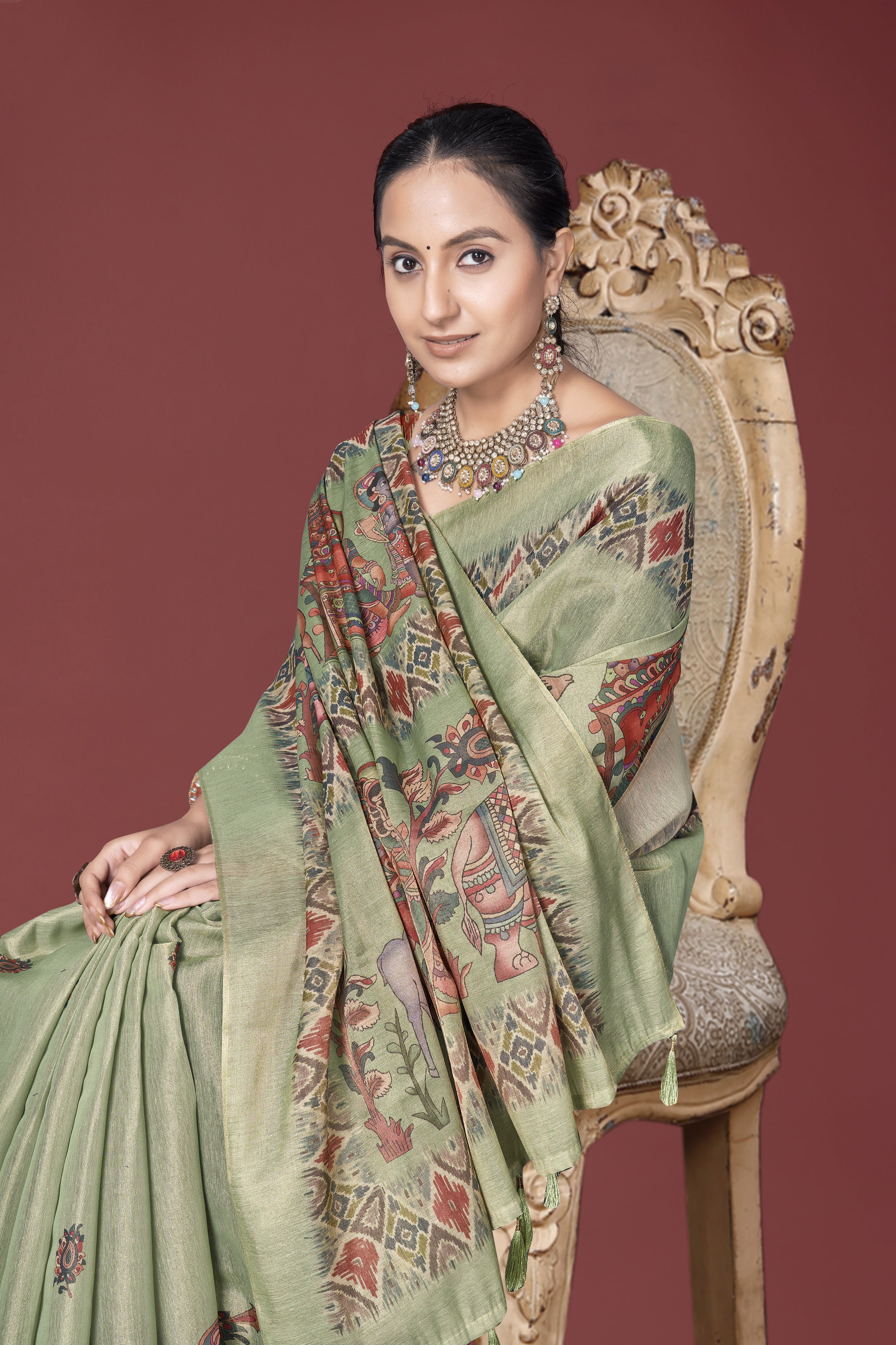 Green Kalamkari Srikalahasti style Ikat Digital Saree