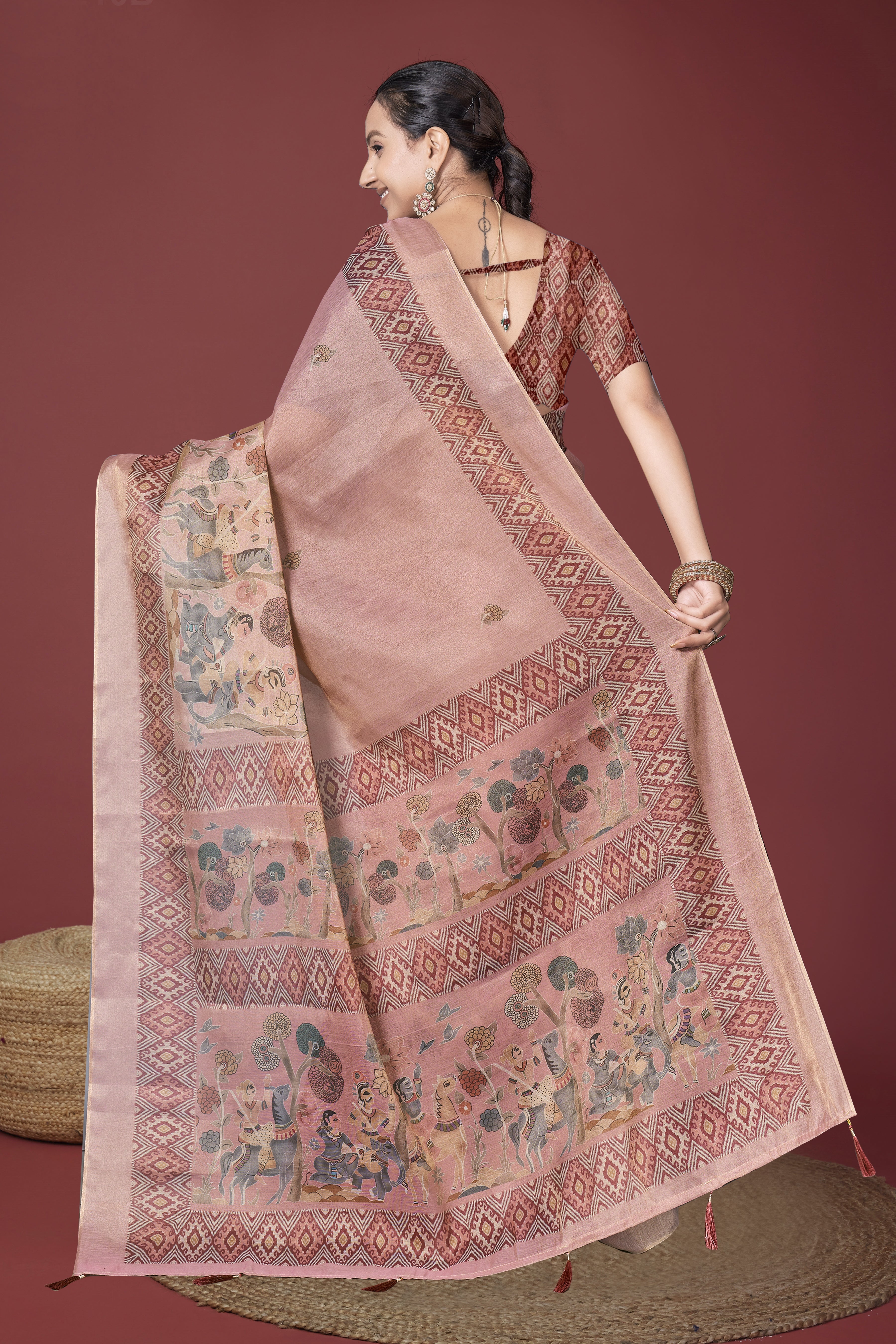Pink Kalamkari style  Digital Saree