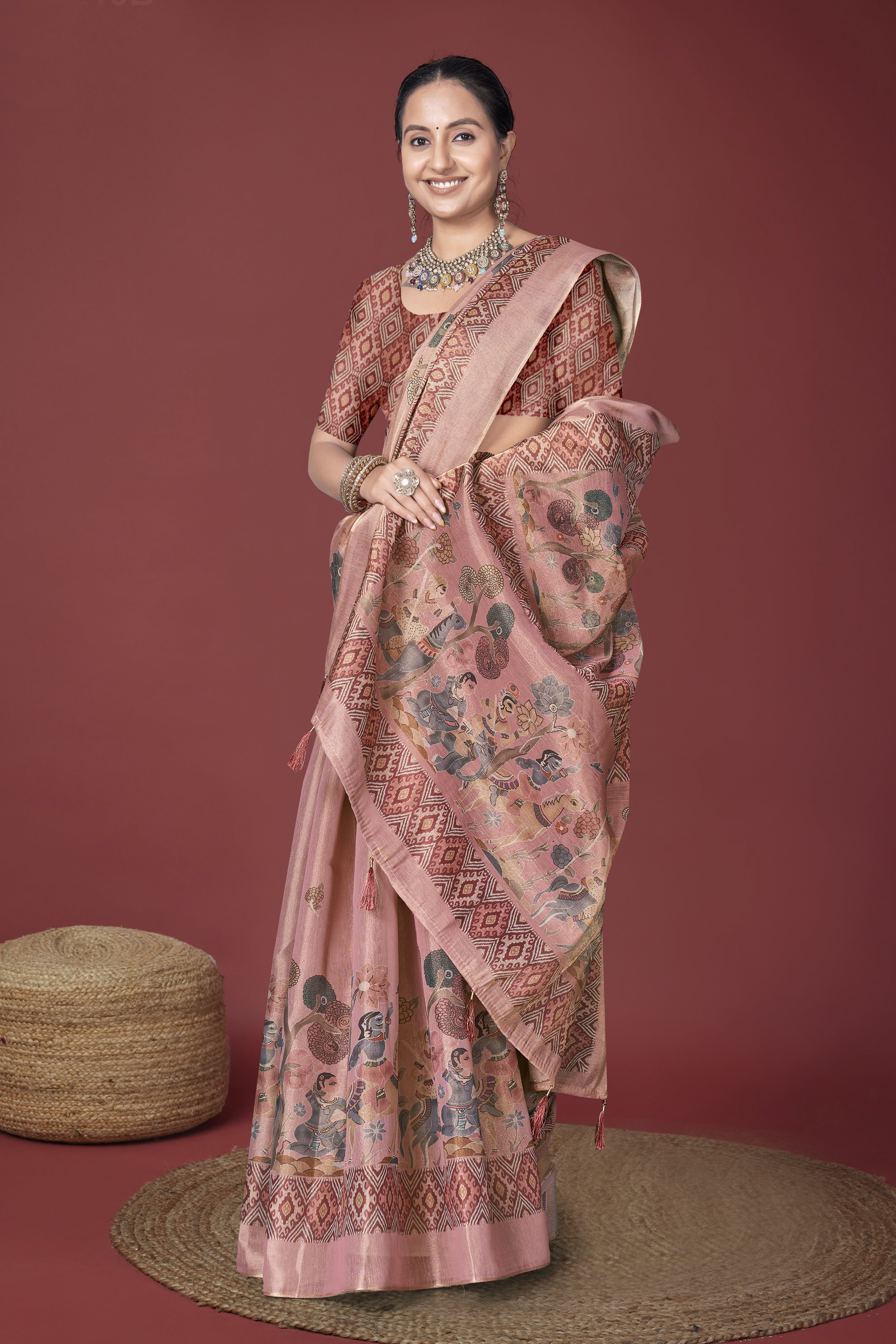 Pink Kalamkari style  Digital Saree