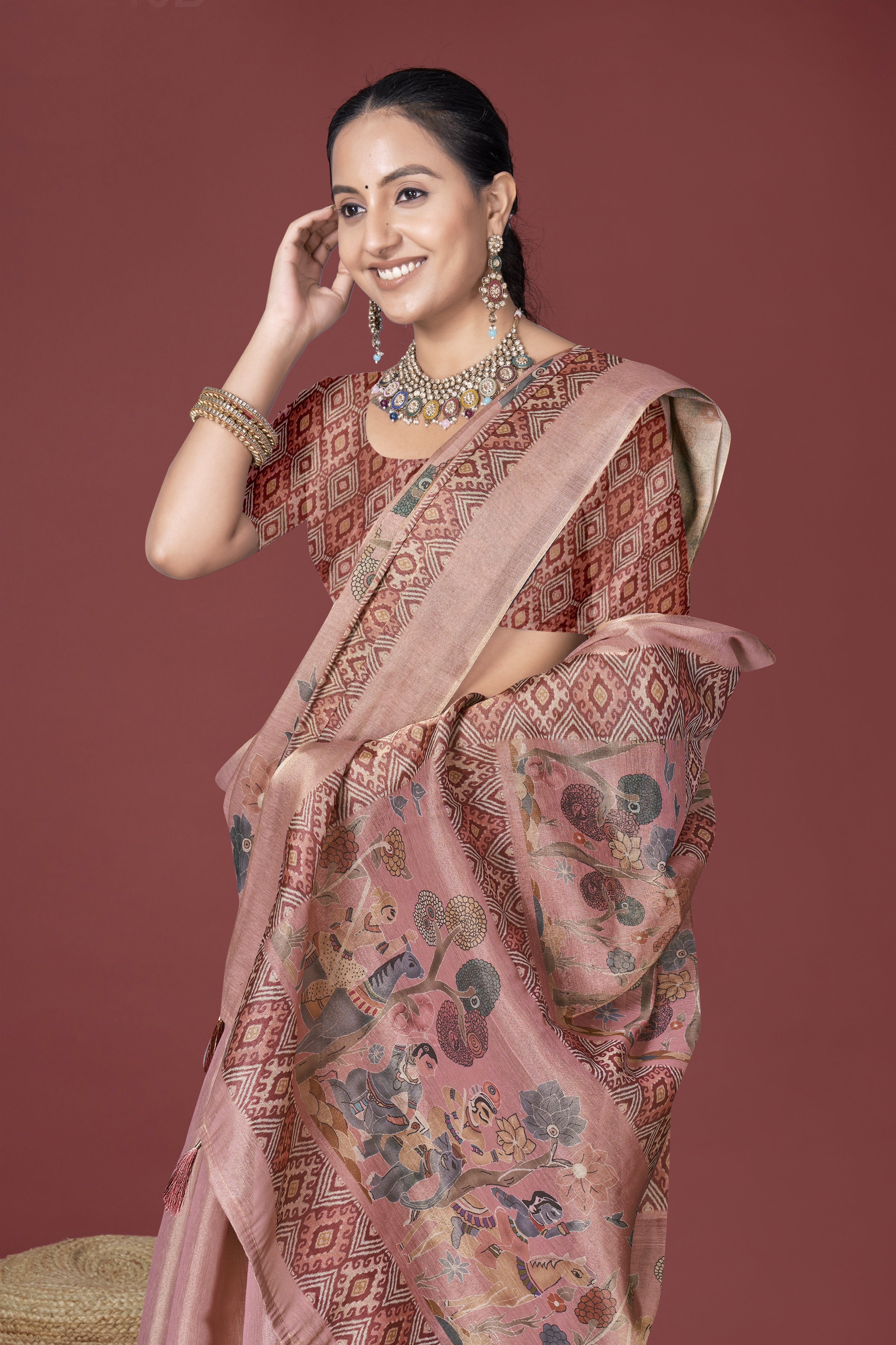 Pink Kalamkari style  Digital Saree