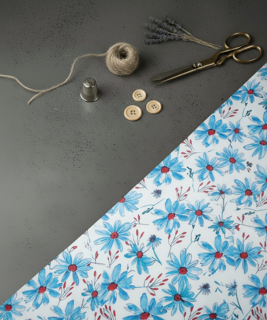 Poly-Muslin Flowers and Shades of Blue Digitally Printed Muslin