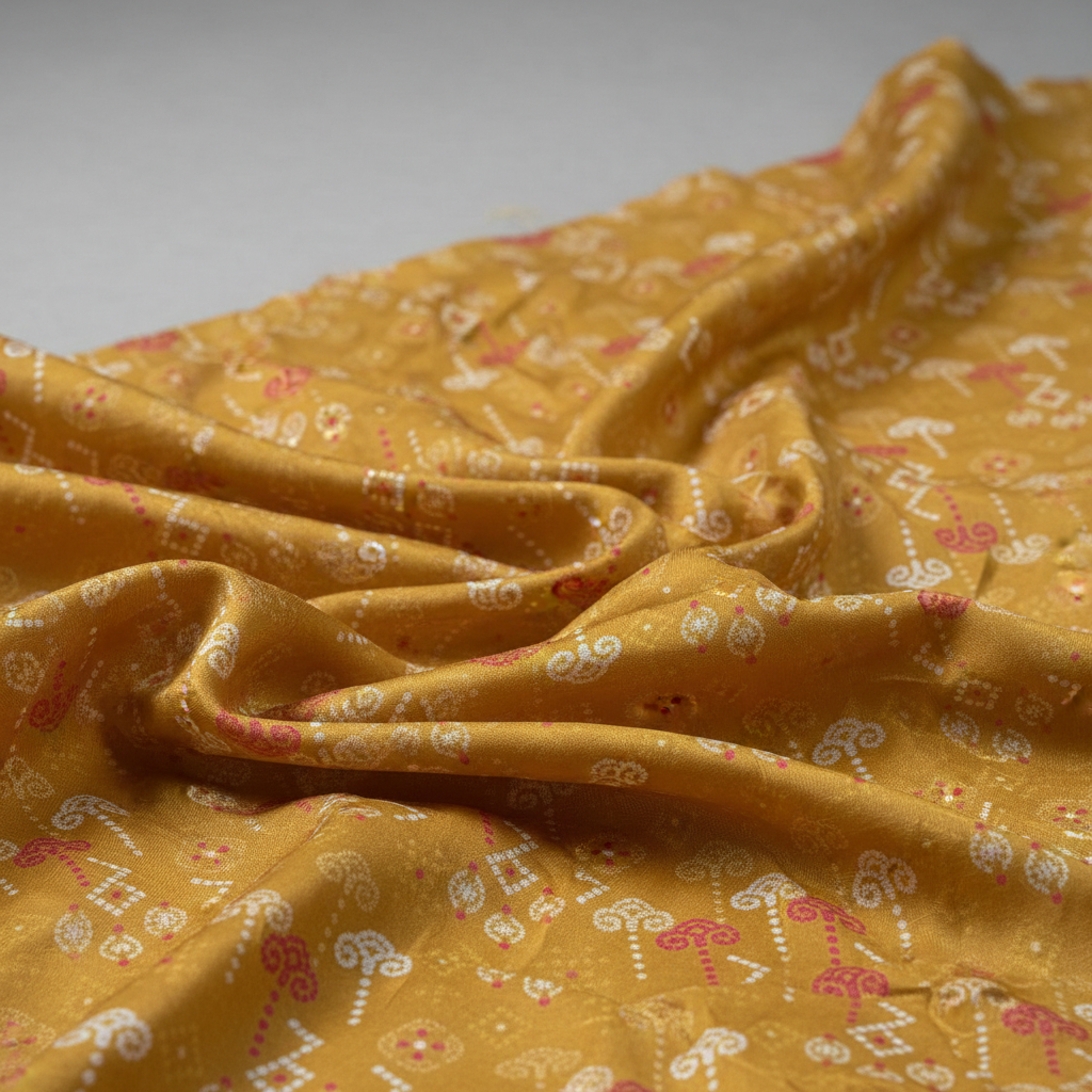 Pure Viscose Chiffon Bandhani Mustard Digitally Printed Chinnon Chiffon