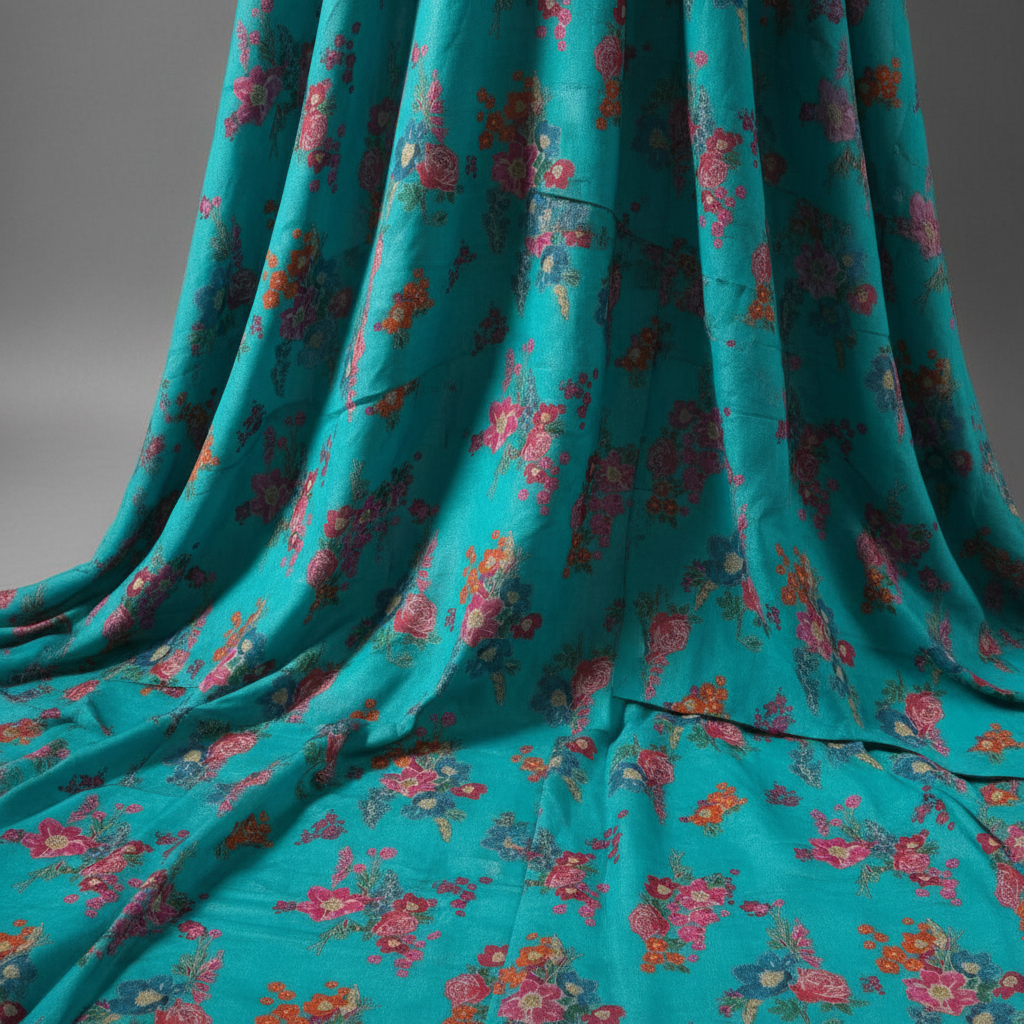 Pure Tissue Silk Floral Turquoise Blue Digitally Printed Pure Tissue Silk