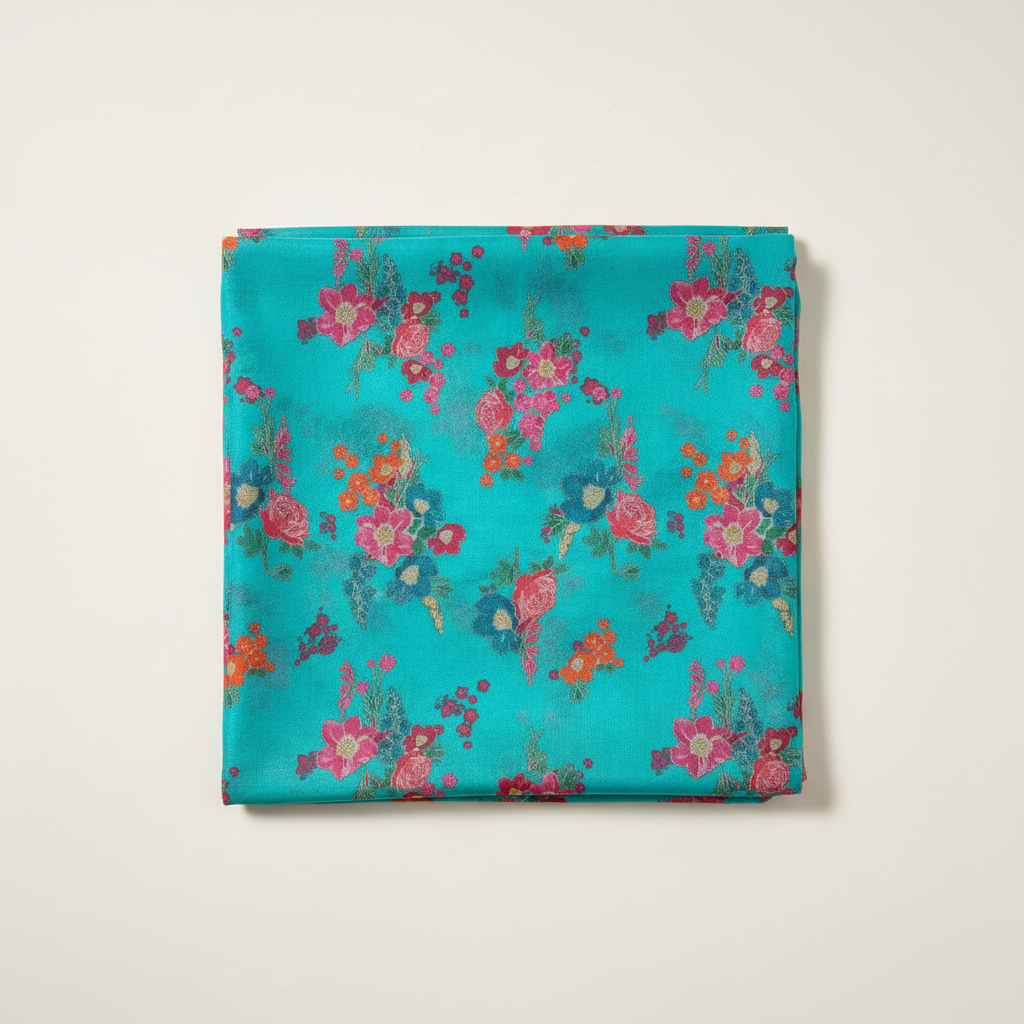 Pure Tissue Silk Floral Turquoise Blue Digitally Printed Pure Tissue Silk