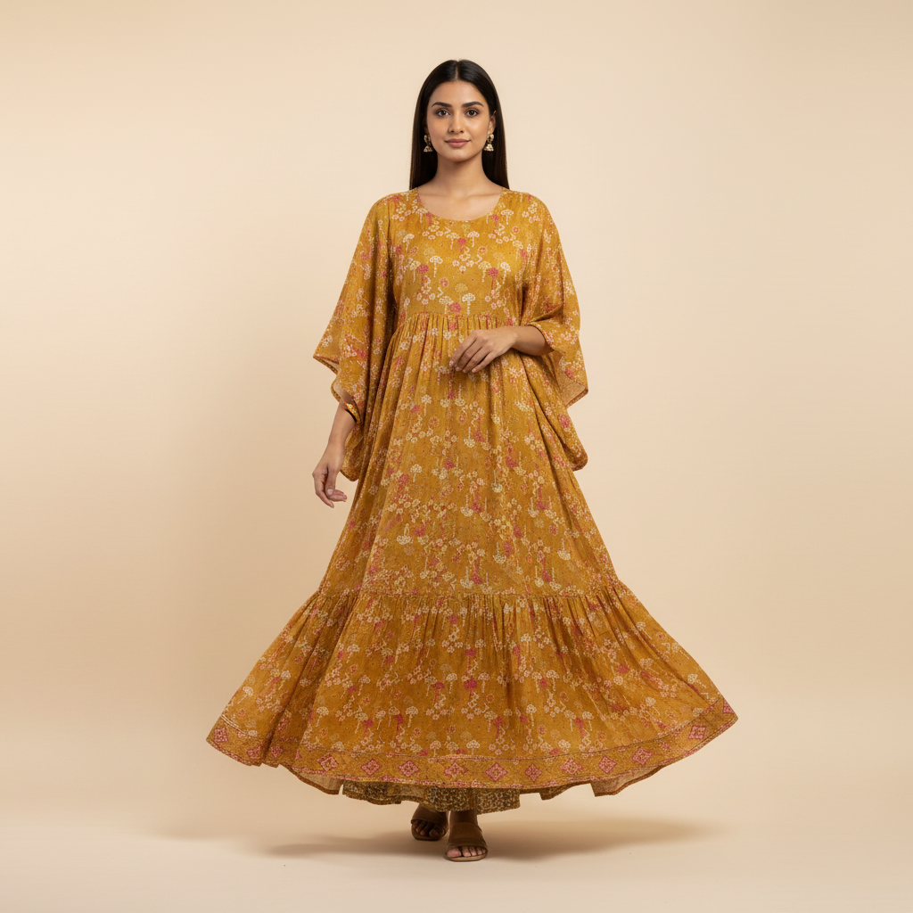 Pure Viscose Chiffon Bandhani Mustard Digitally Printed Chinnon Chiffon