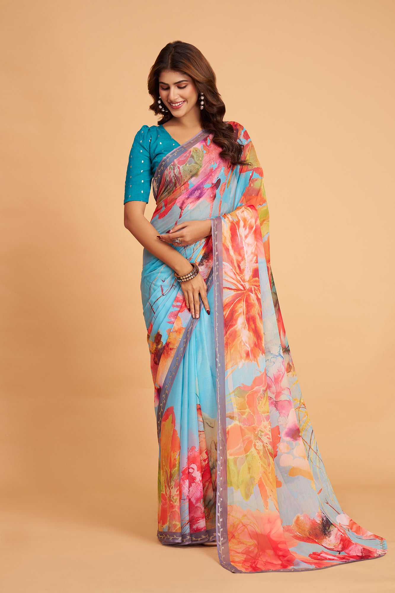 Sky Blue Lining With daimond Print Saree