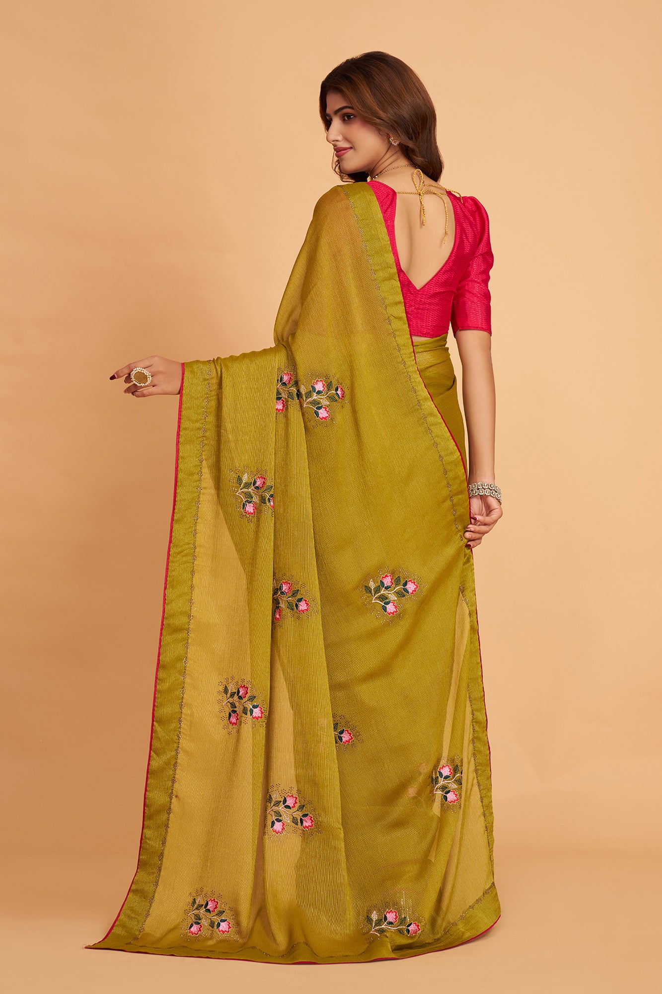 Golden Yellow Braso Silk Work With Diamond Saree