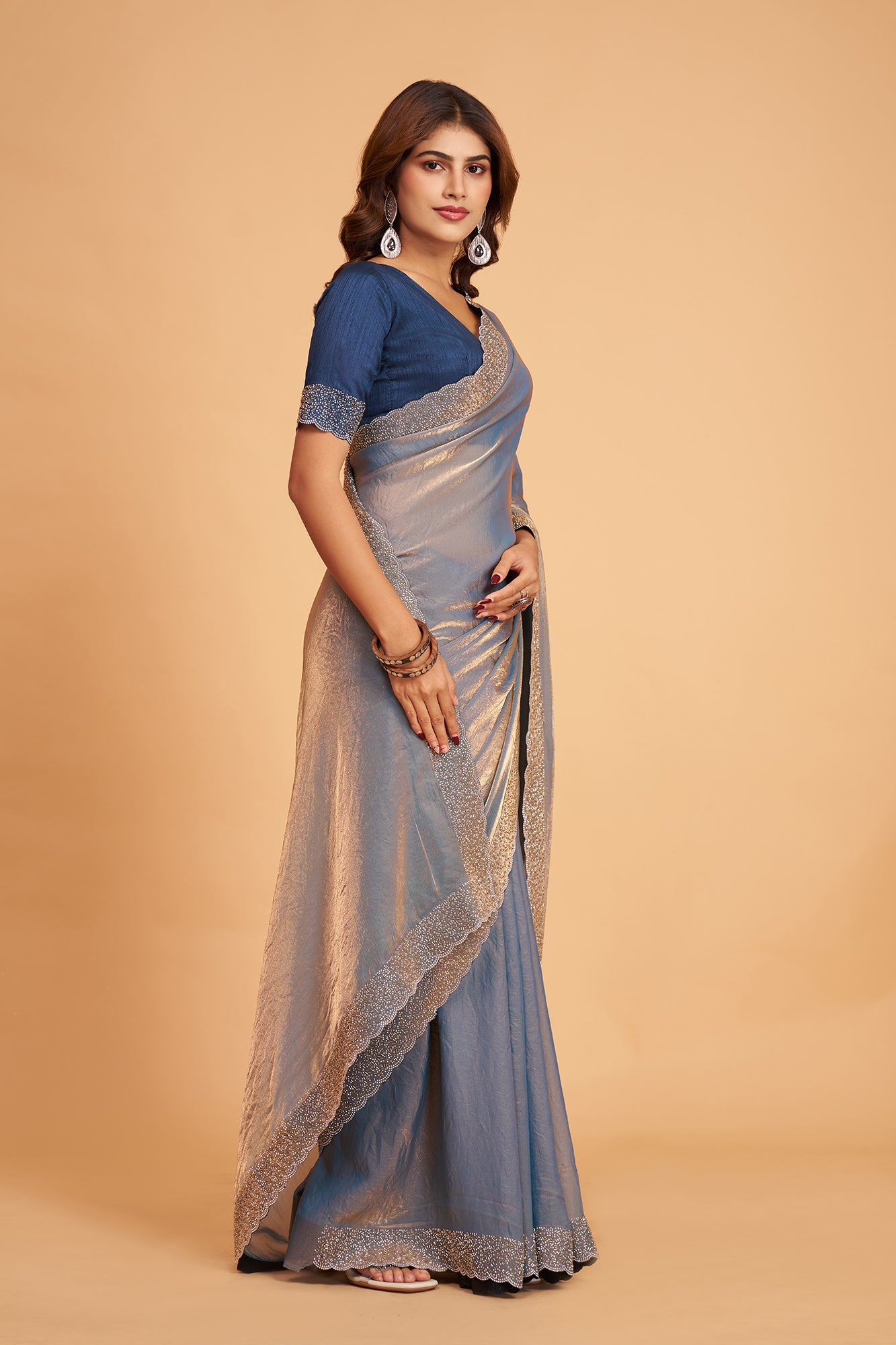 Bluish Grey Pure Silk With Diamond Saree