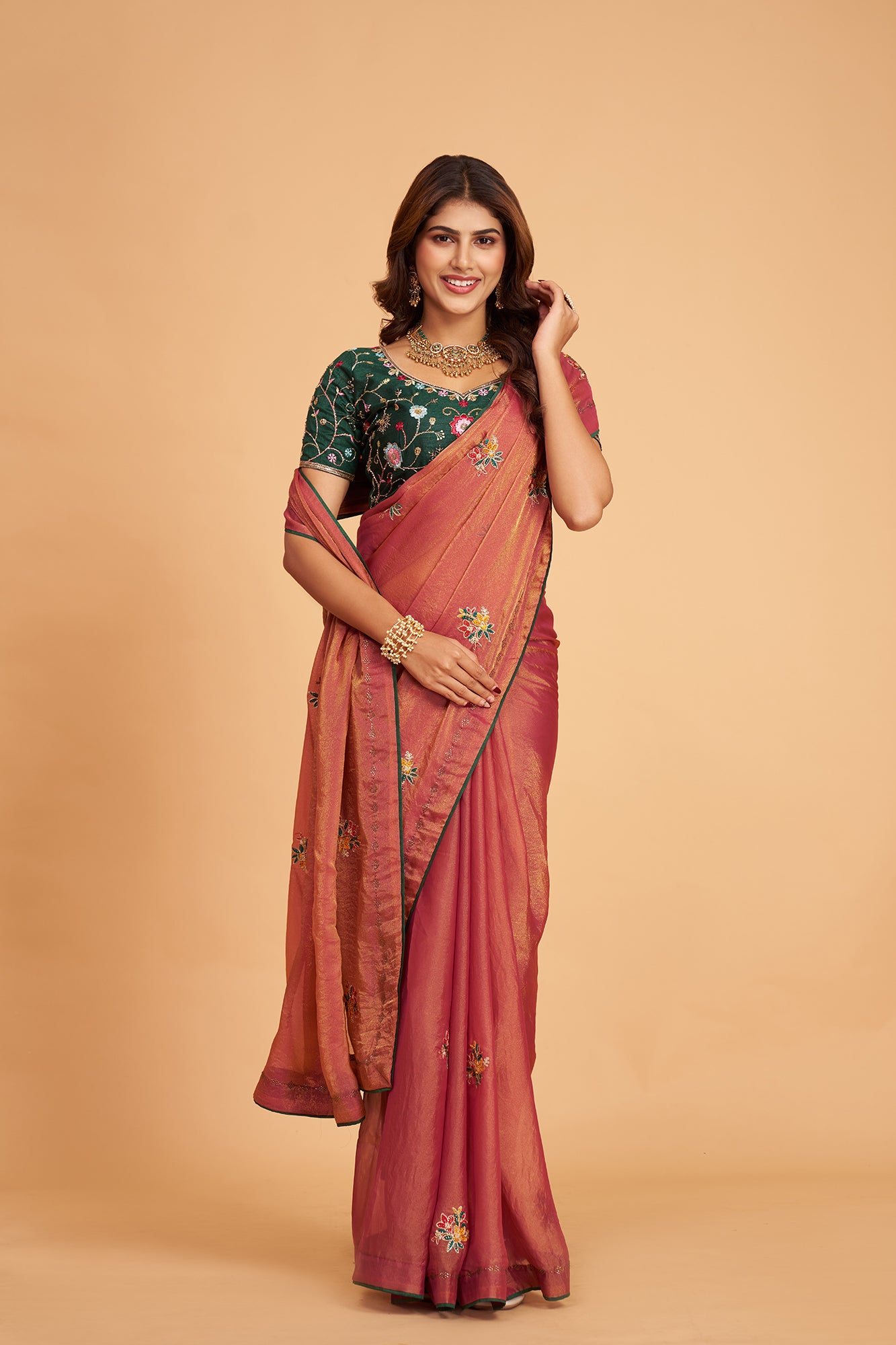 Golden Brown Braso Silk  Work With  Diamond Saree