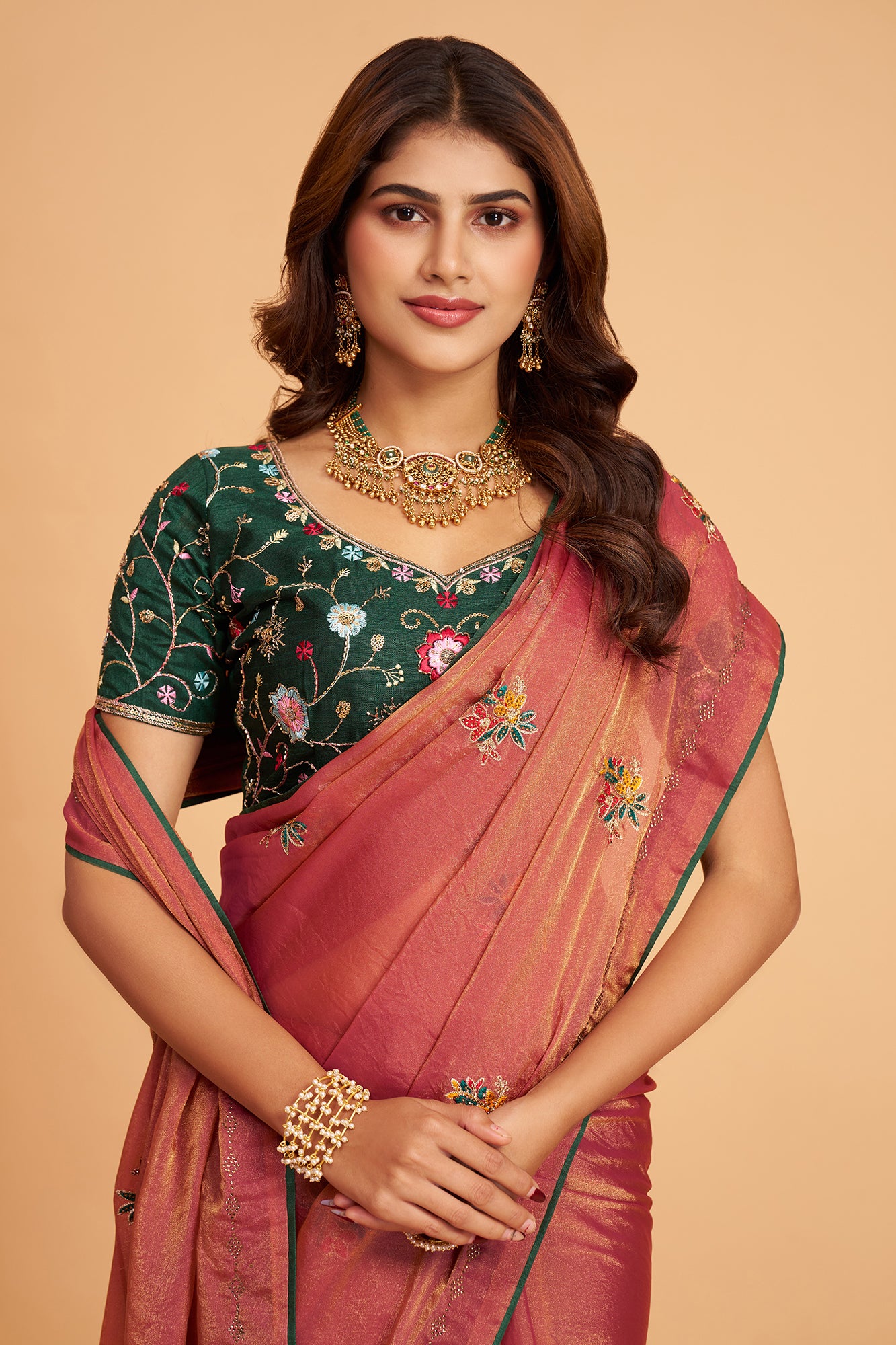 Golden Brown Braso Silk  Work With  Diamond Saree