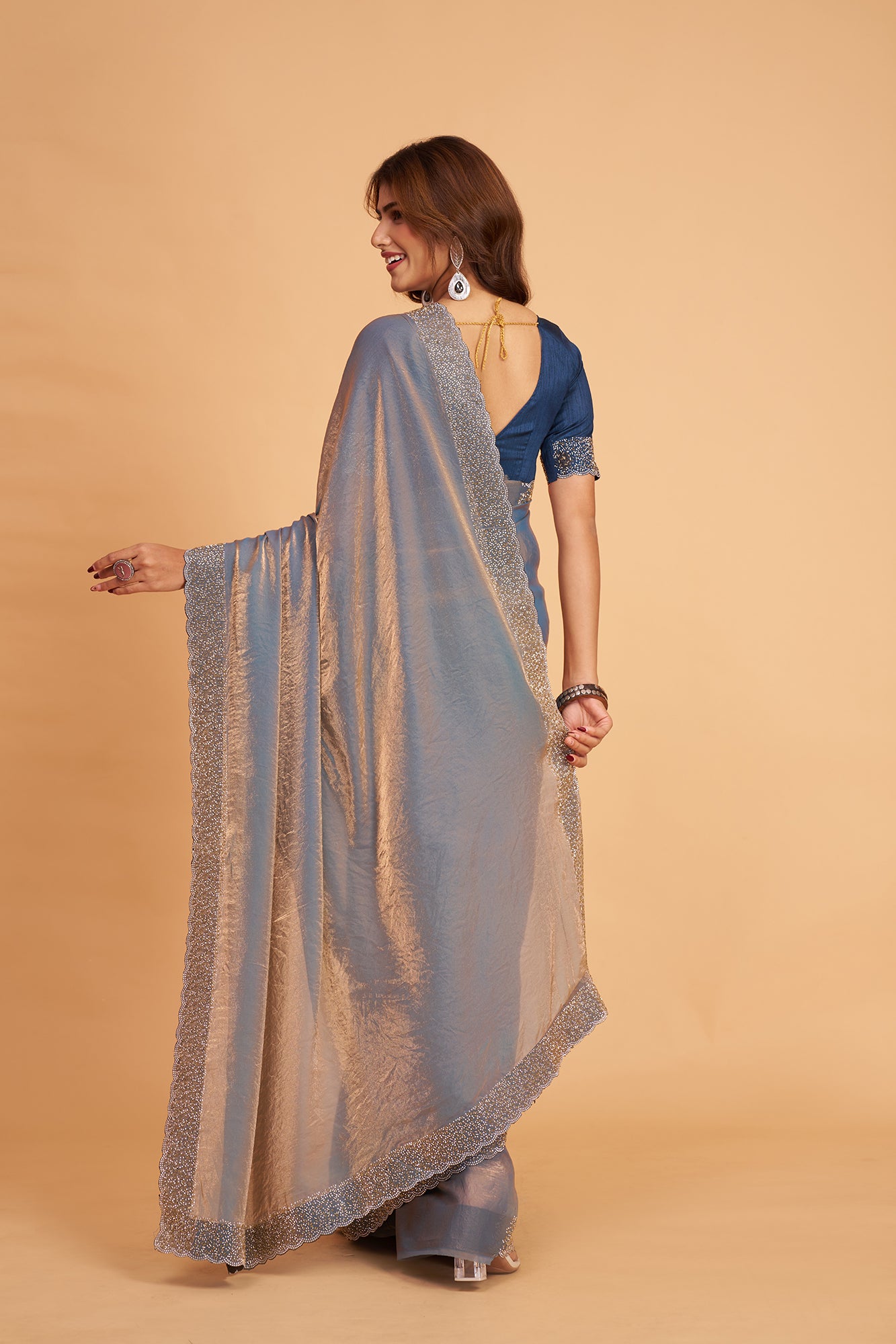 Bluish Grey Pure Silk With Diamond Saree