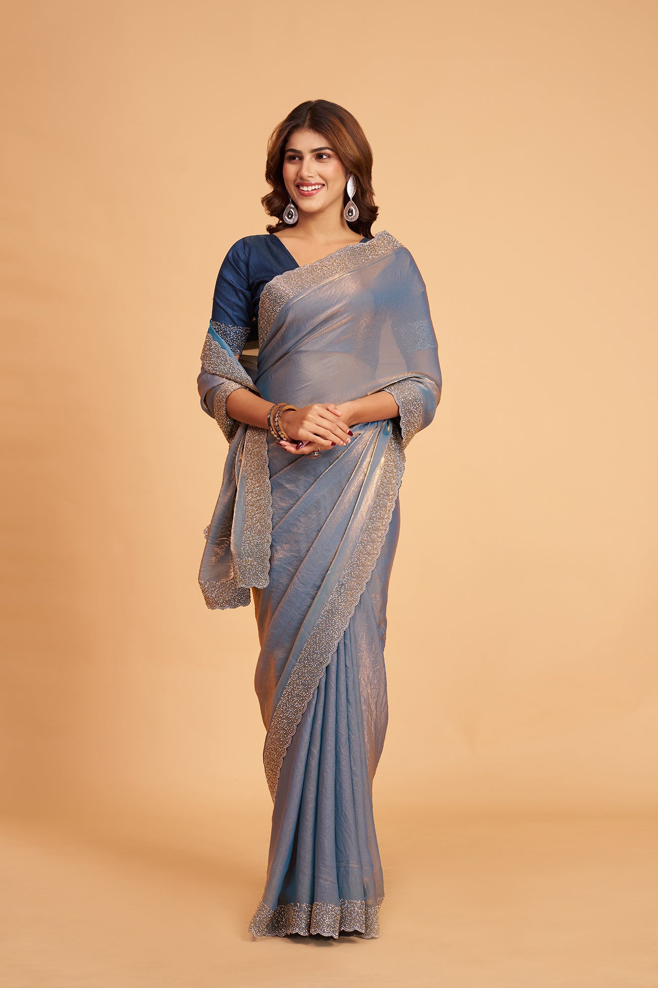 Bluish Grey Pure Silk With Diamond Saree