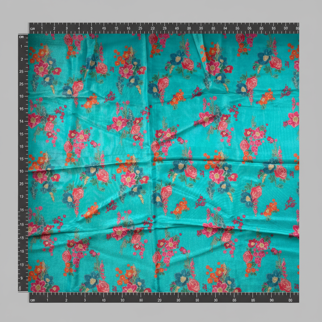 Pure Tissue Silk Floral Turquoise Blue Digitally Printed Pure Tissue Silk