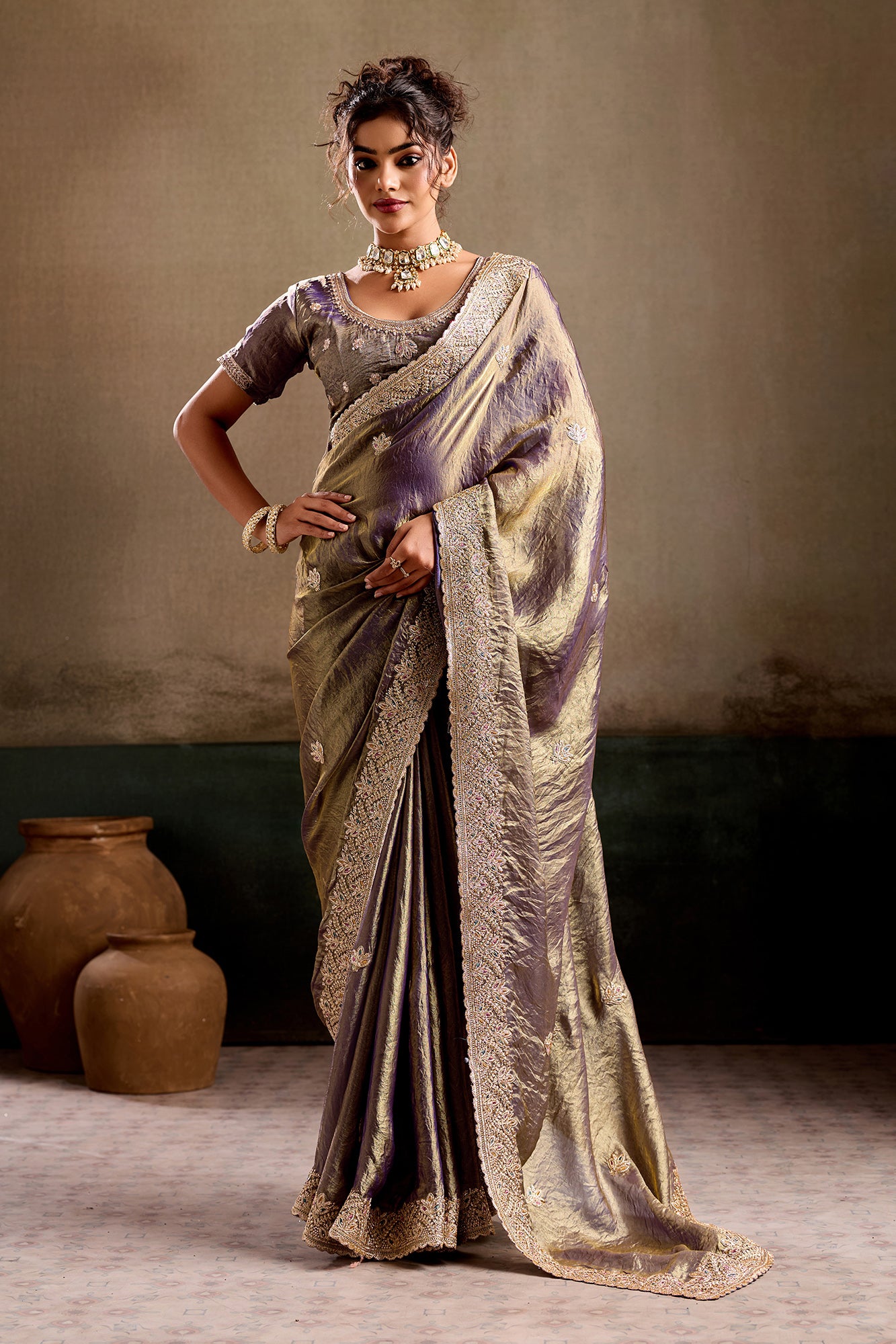 Bhairavi Antique Gold Embroidered Fancy Saree