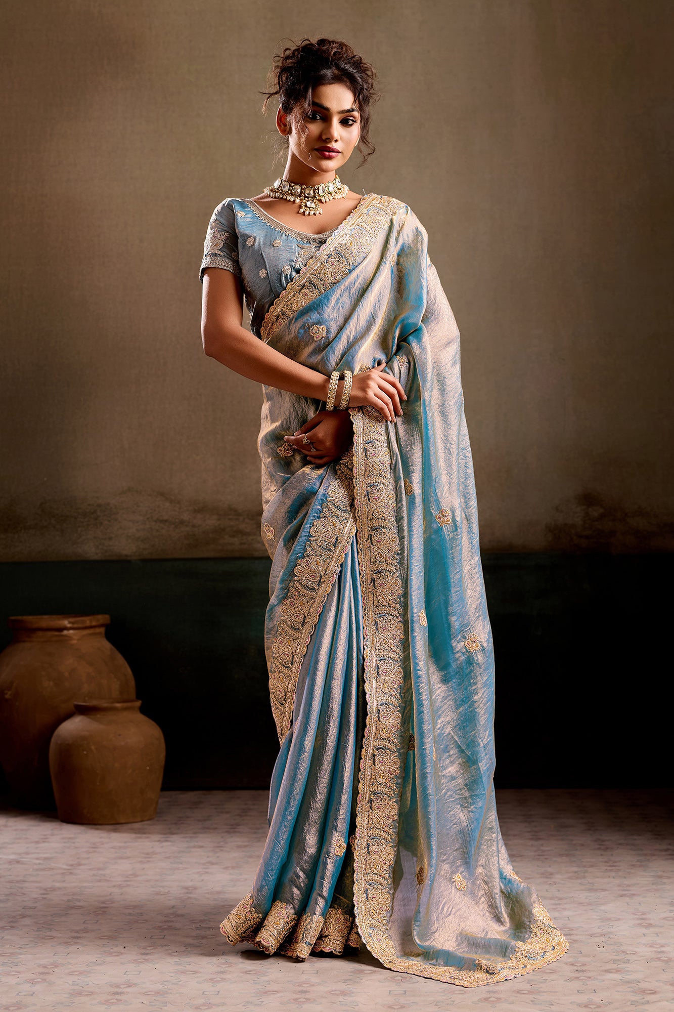 Bharavi Aqua Embroidered Fancy Saree