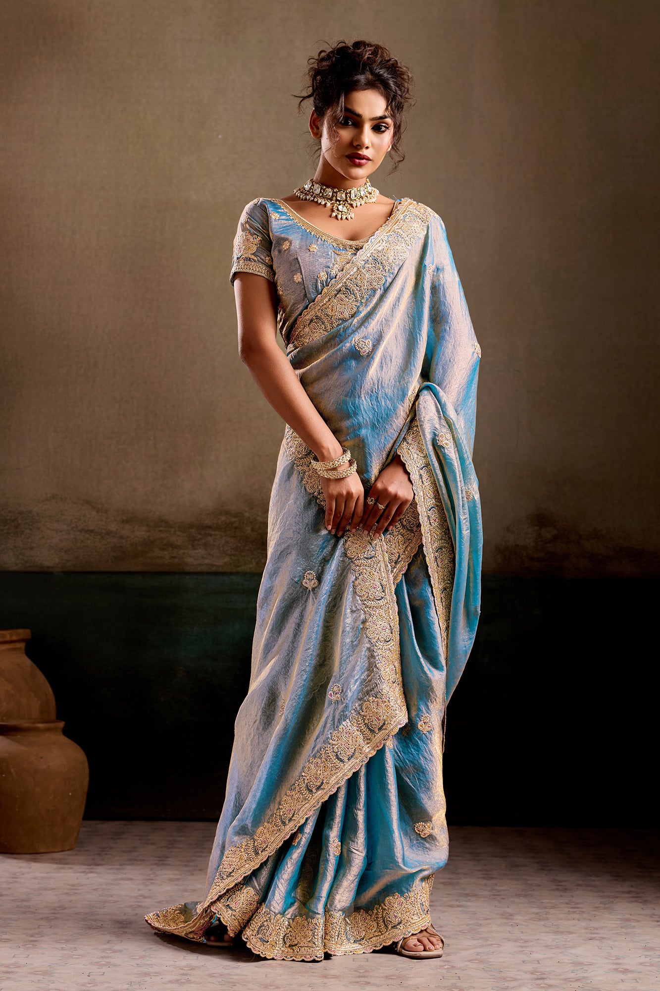 Bharavi Aqua Embroidered Fancy Saree