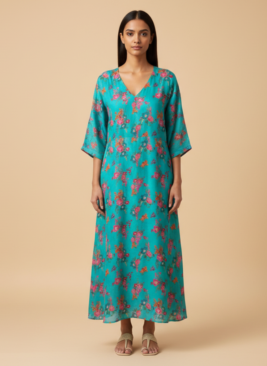 Pure Tissue Silk Floral Turquoise Blue Digitally Printed Pure Tissue Silk