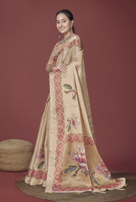 Beige Digital Floral style Digital Saree