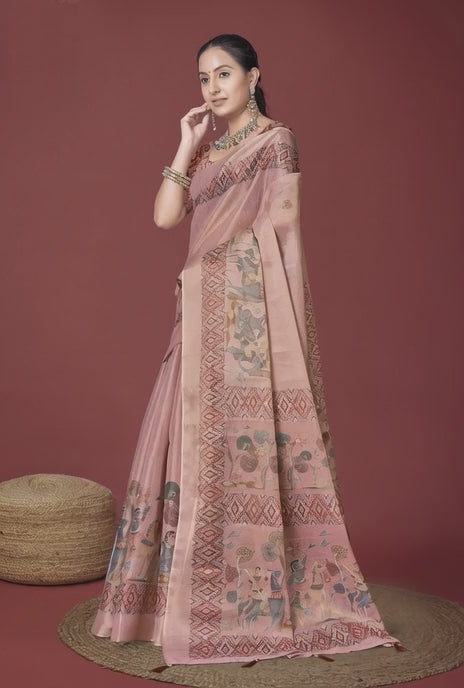 Pink Kalamkari style  Digital Saree