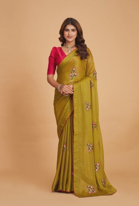 Golden Yellow Braso Silk Work With Diamond Saree