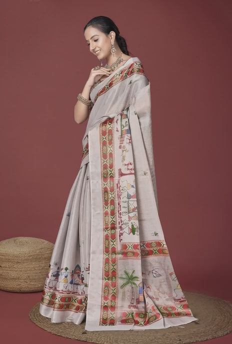 Off White Warli Painting Digital Saree
