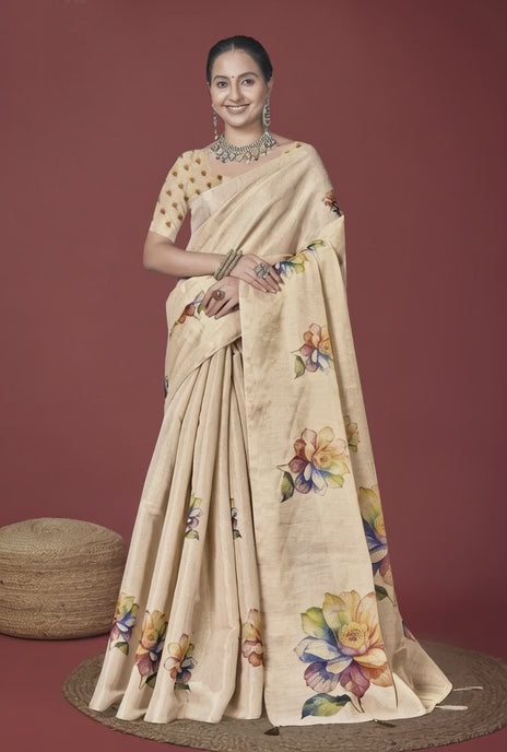 Beige Digital Floral style Digital Saree