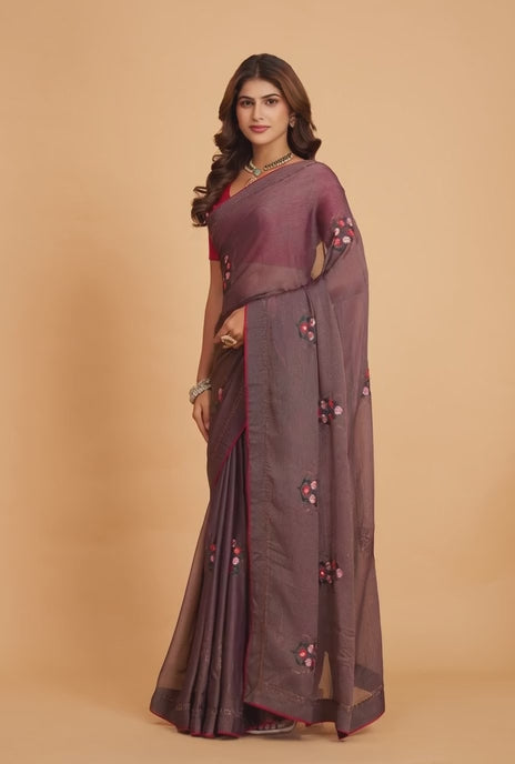 Purple Braso Silk  Work With  Diamond Saree