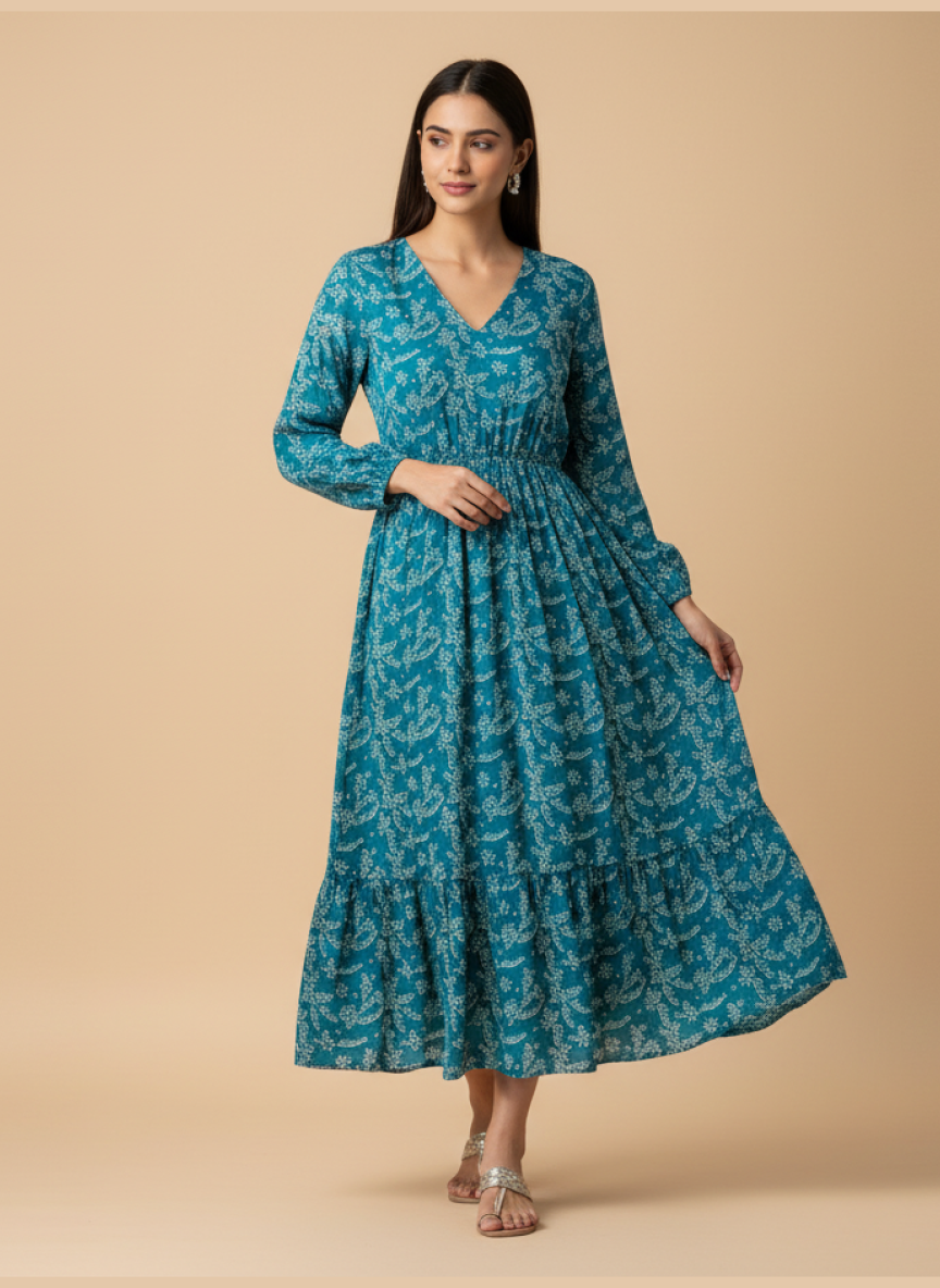 Pure Viscose Chiffon Bandhani Petals Teal Blue Digitally Printed Pure Chinnon Chiffon